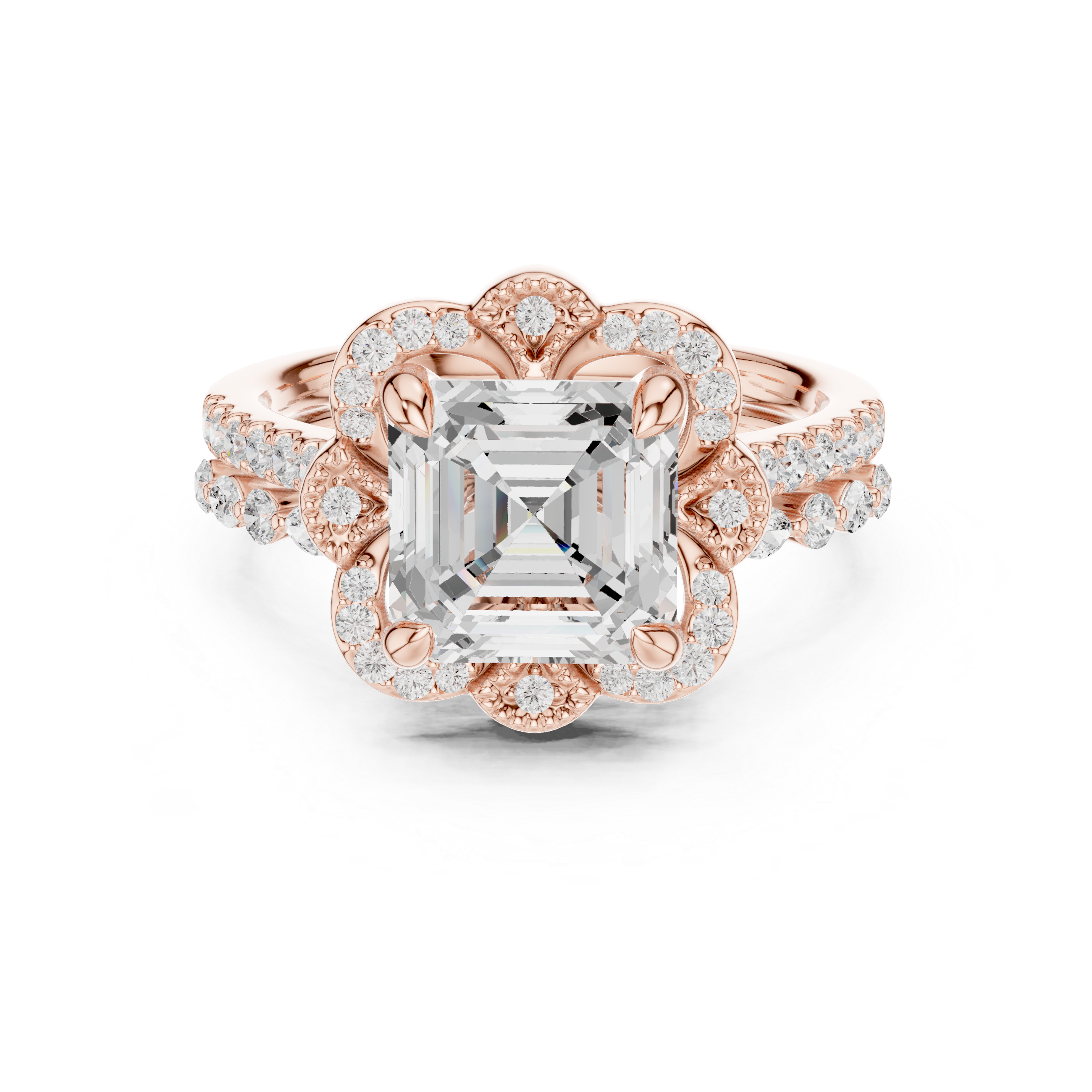 Asscher Cut Floral Halo Engagement Ring with Diamond Accent Split Band