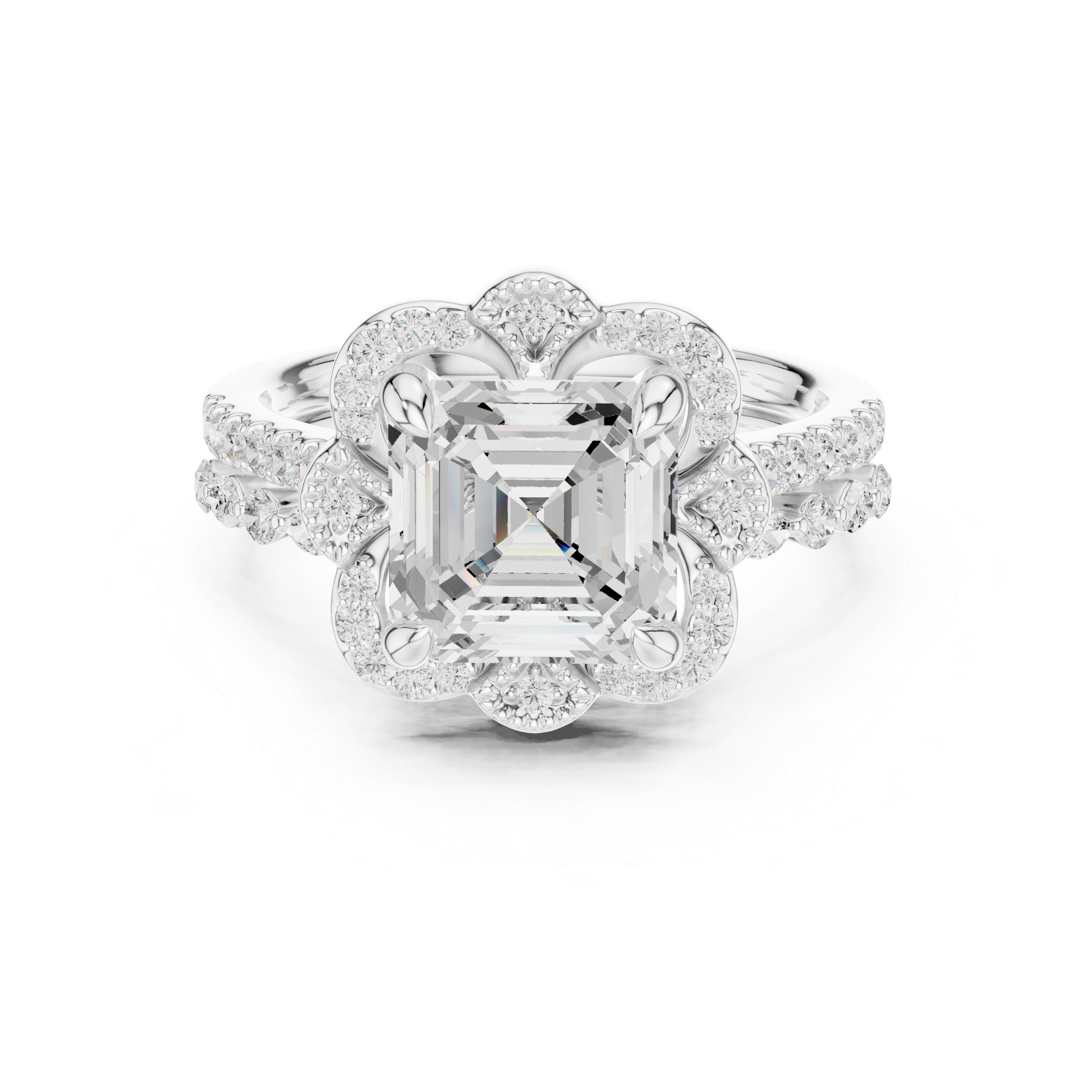Asscher Cut Floral Halo Engagement Ring with Diamond Accent Split Band
