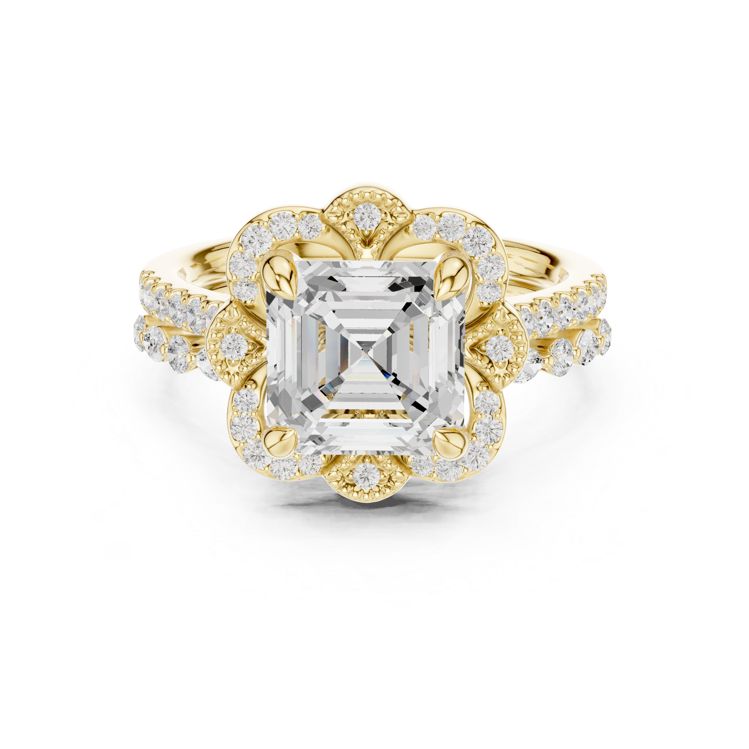 Vintage Floral Halo Asscher Cut Engagement Ring with Split Pavé Shank