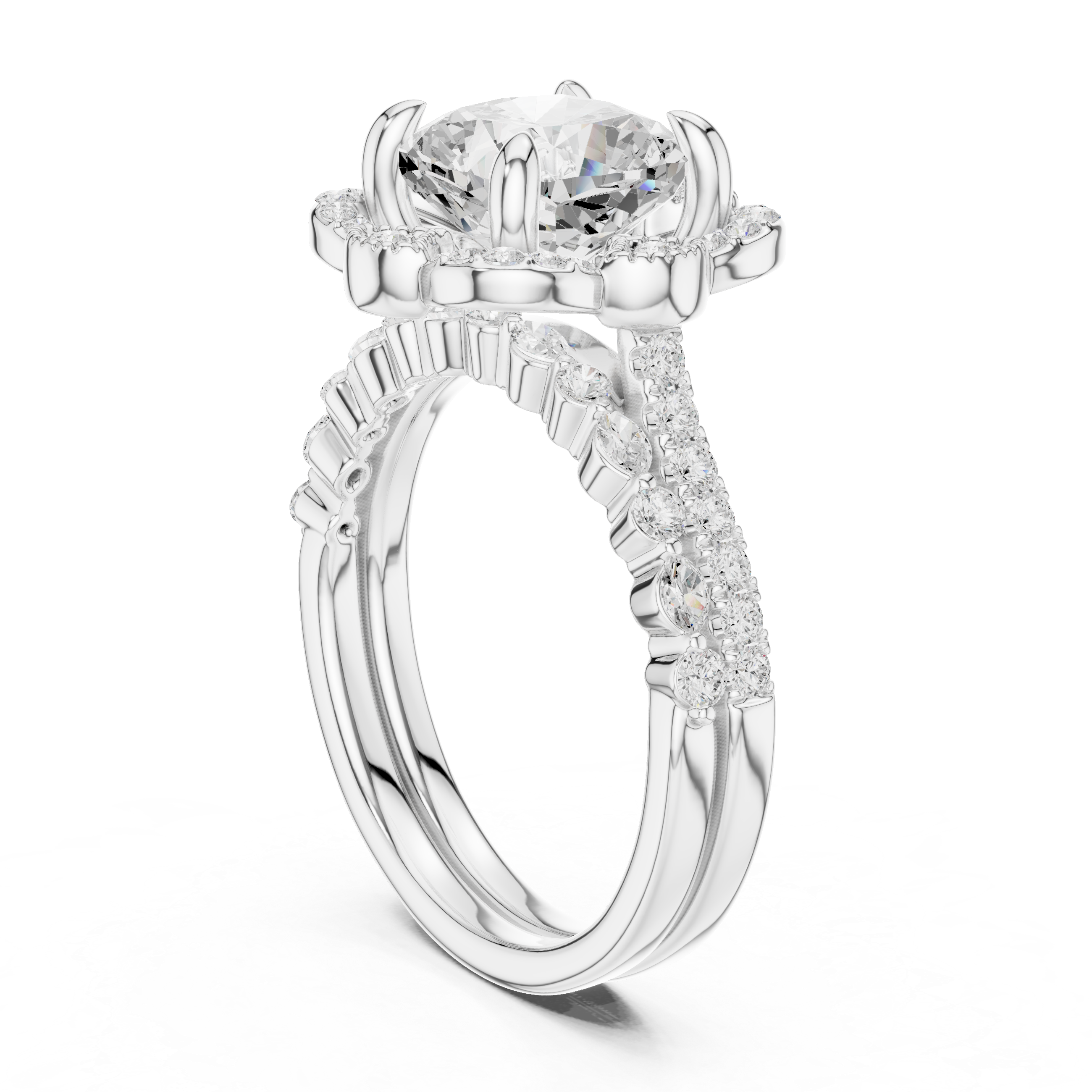 Cushion Cut Floral Halo Engagement Ring with Diamond Accent Band