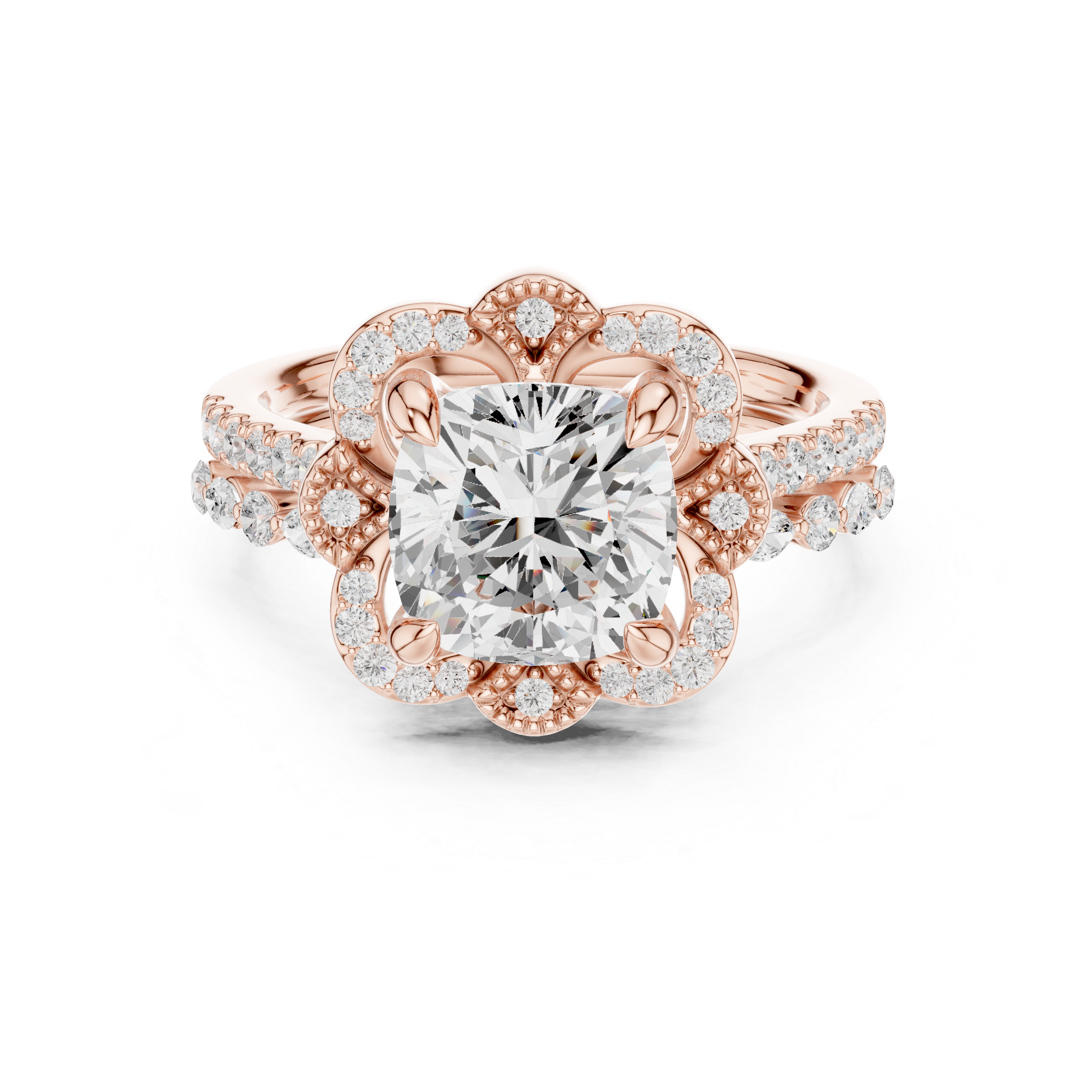 Cushion Cut Floral Halo Engagement Ring with Diamond Accent Band