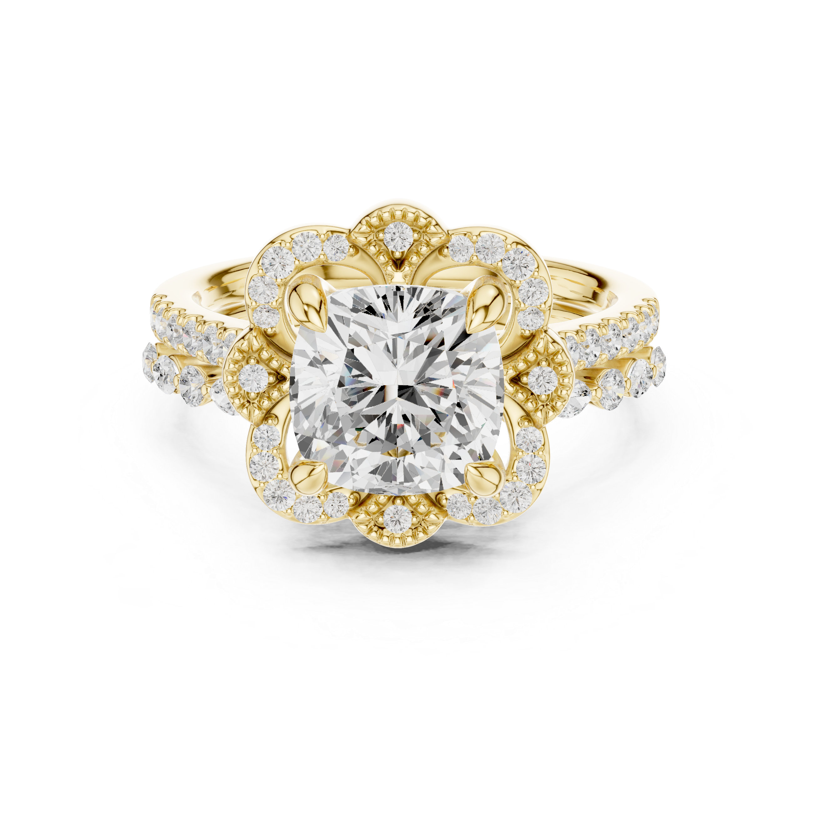 Cushion Cut Floral Halo Engagement Ring with Diamond Accent Band