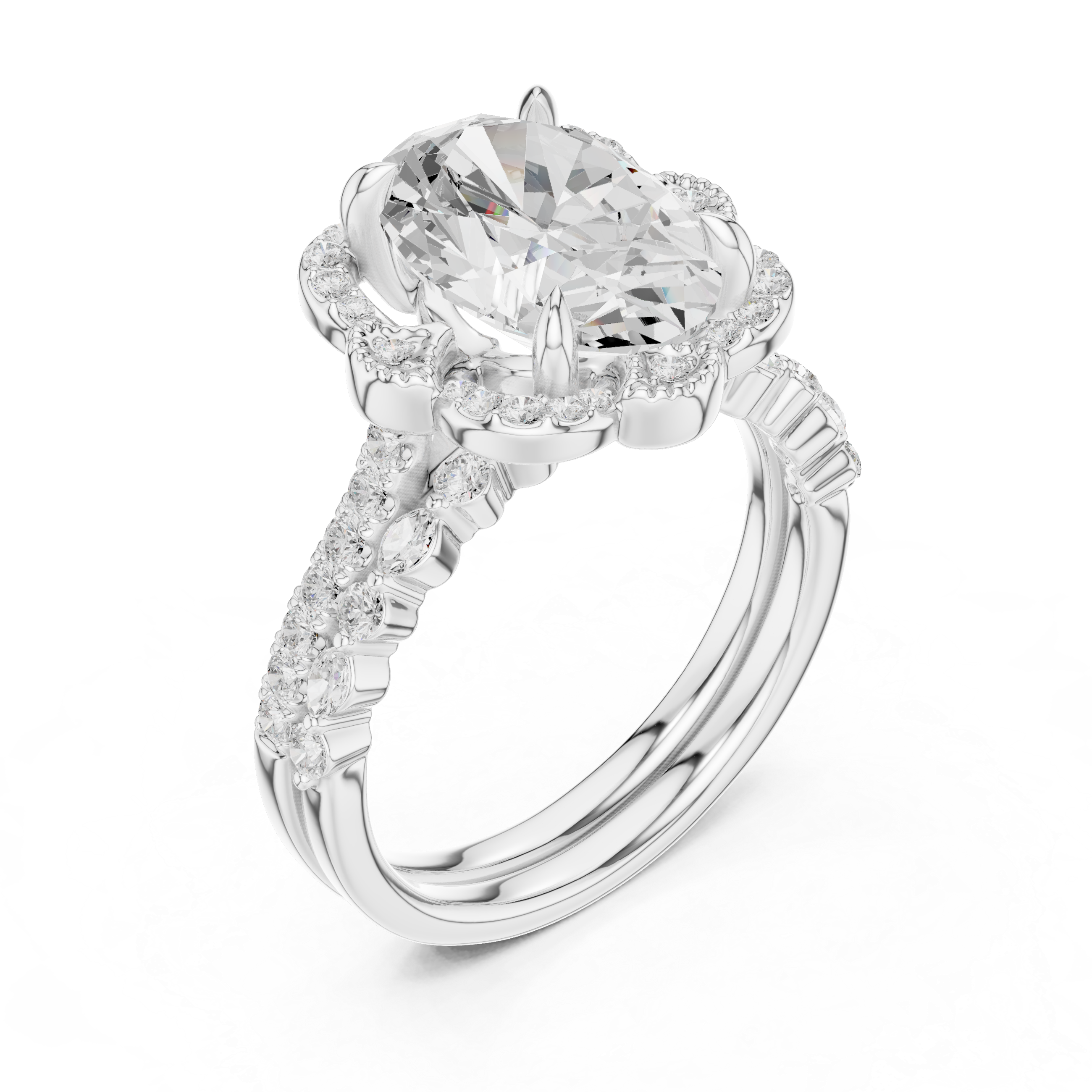 Oval Cut Floral Halo Engagement Ring with Diamond Accent Band