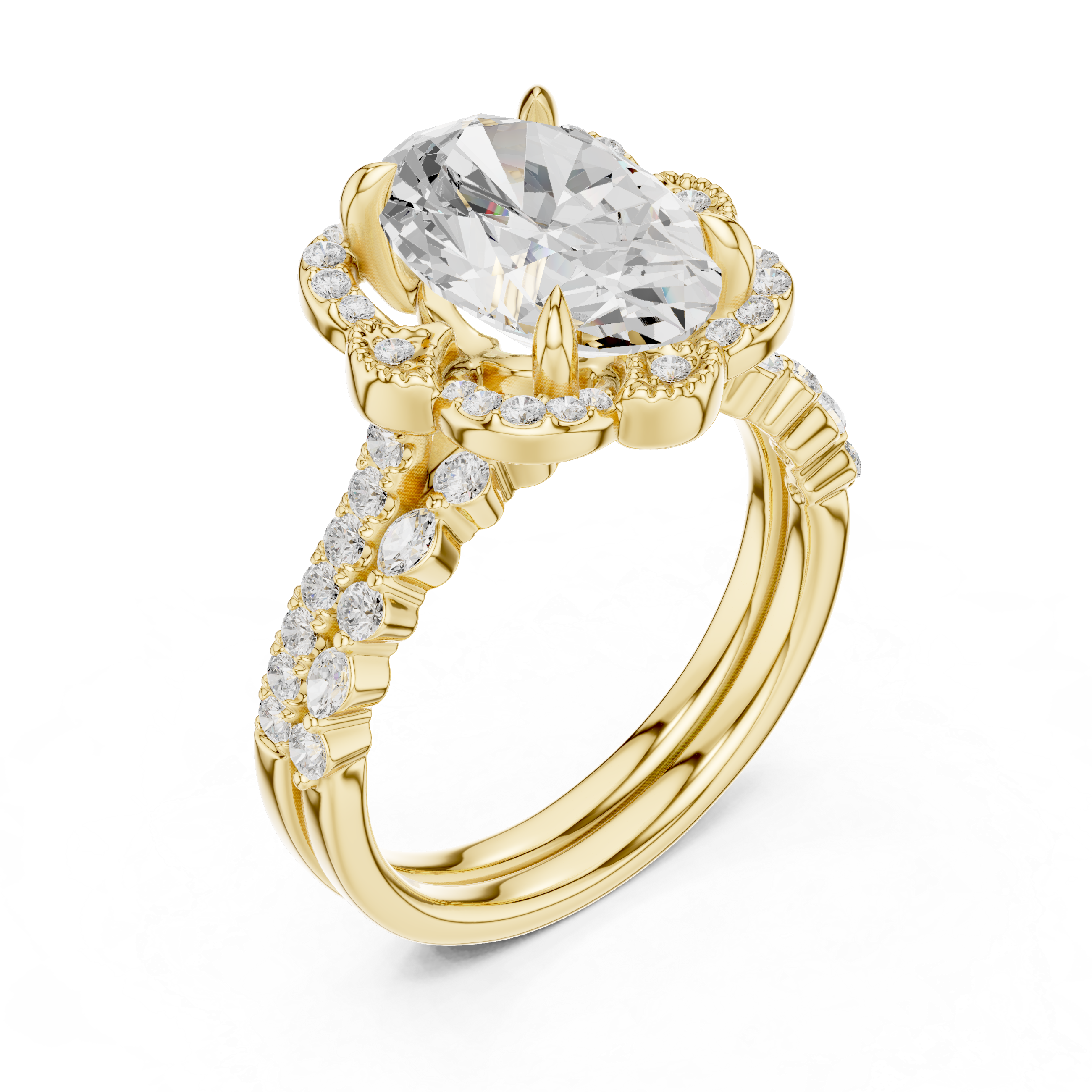 Vintage Floral Halo Oval Cut Engagement Ring with Split Diamond Band