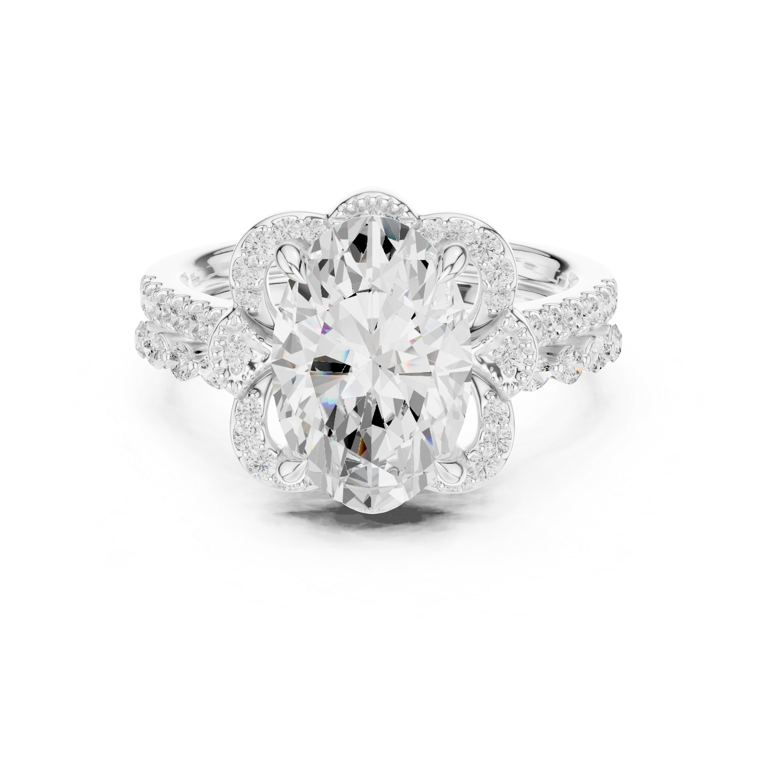 Vintage Floral Halo Oval Cut Engagement Ring with Split Diamond Band