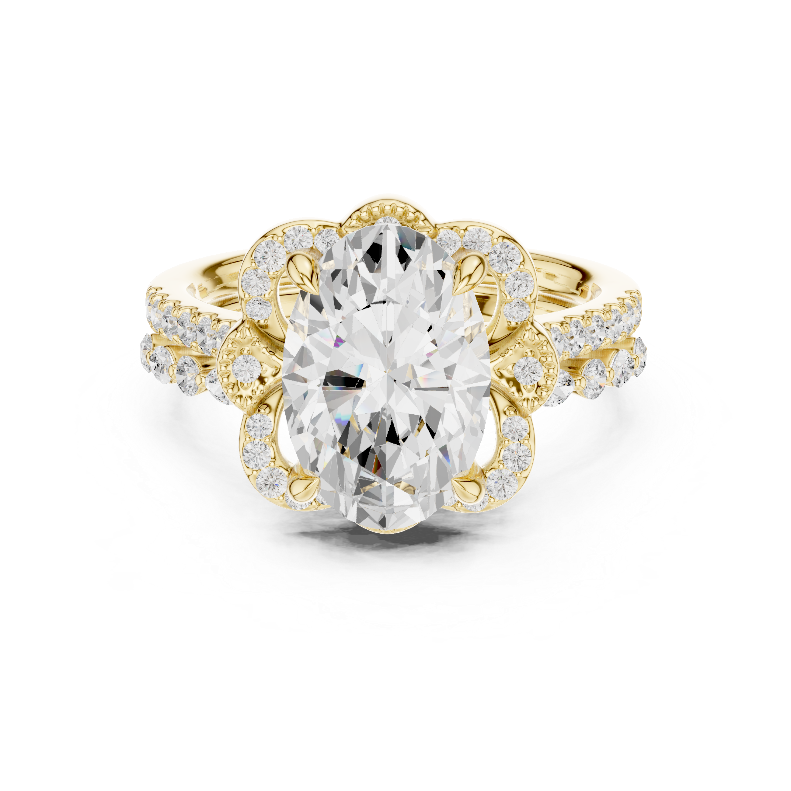 Oval Cut Floral Halo Engagement Ring with Diamond Accent Band