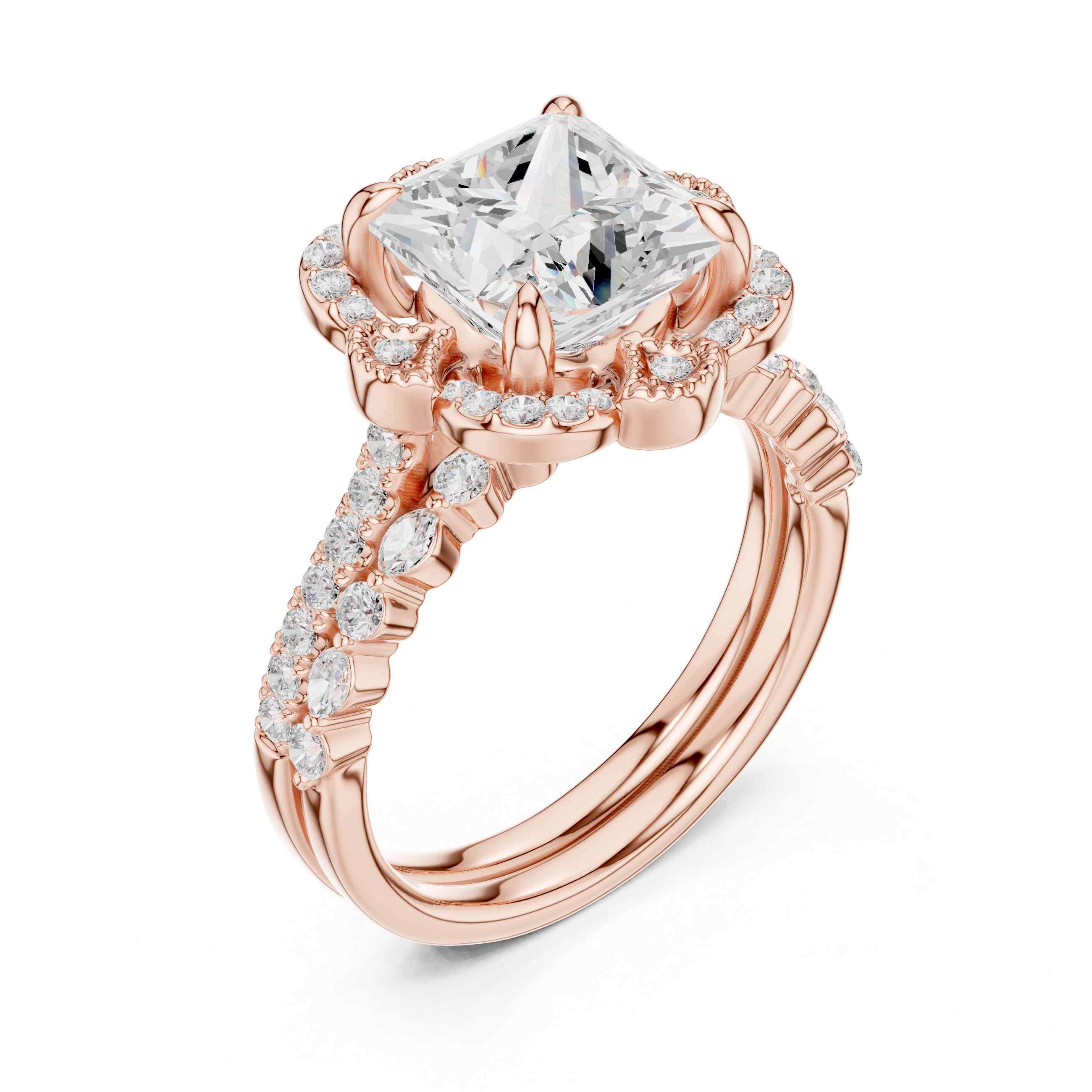 Princess Cut Floral Halo Engagement Ring with Diamond Accent Split Band