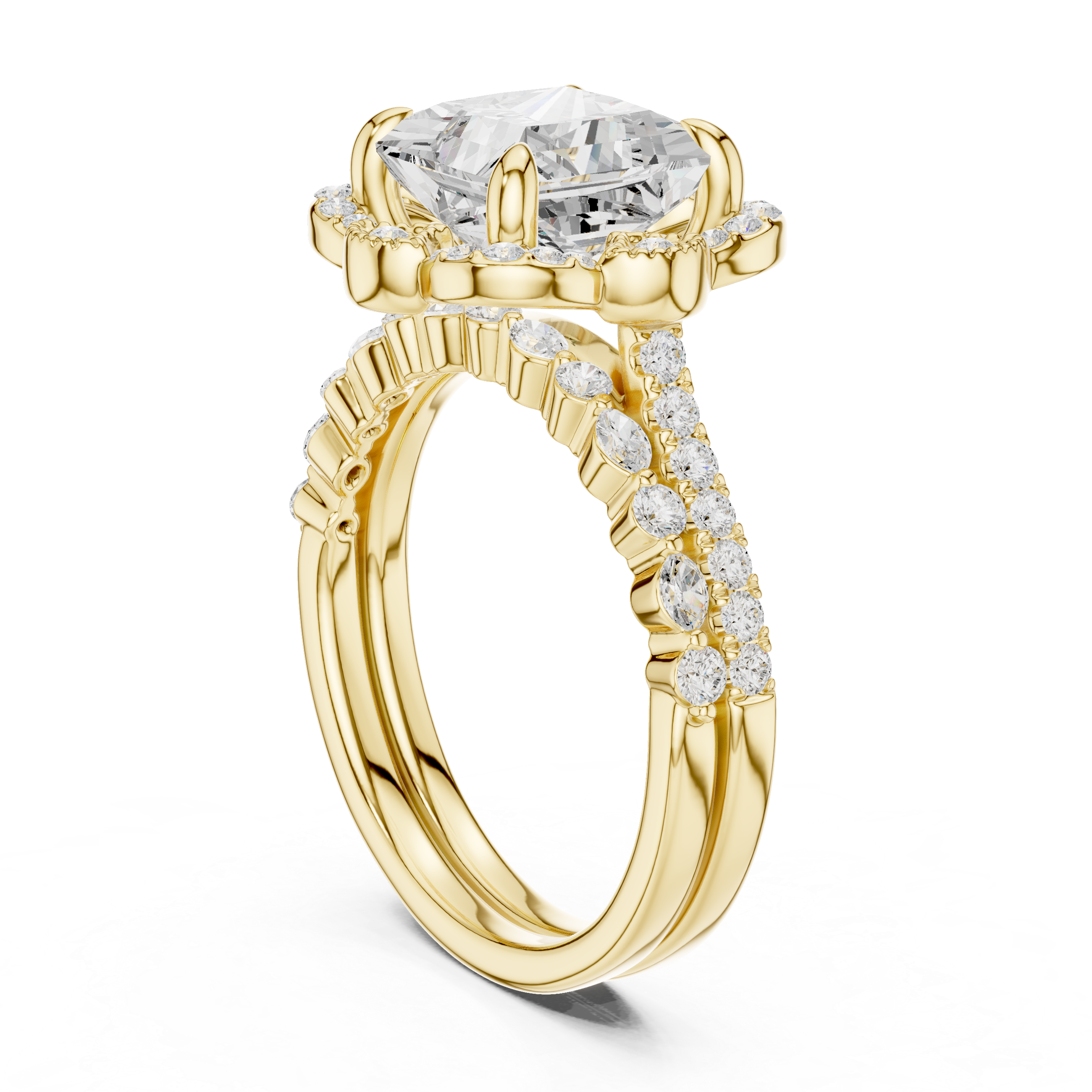 Princess Cut Floral Halo Engagement Ring with Diamond Accent Split Band