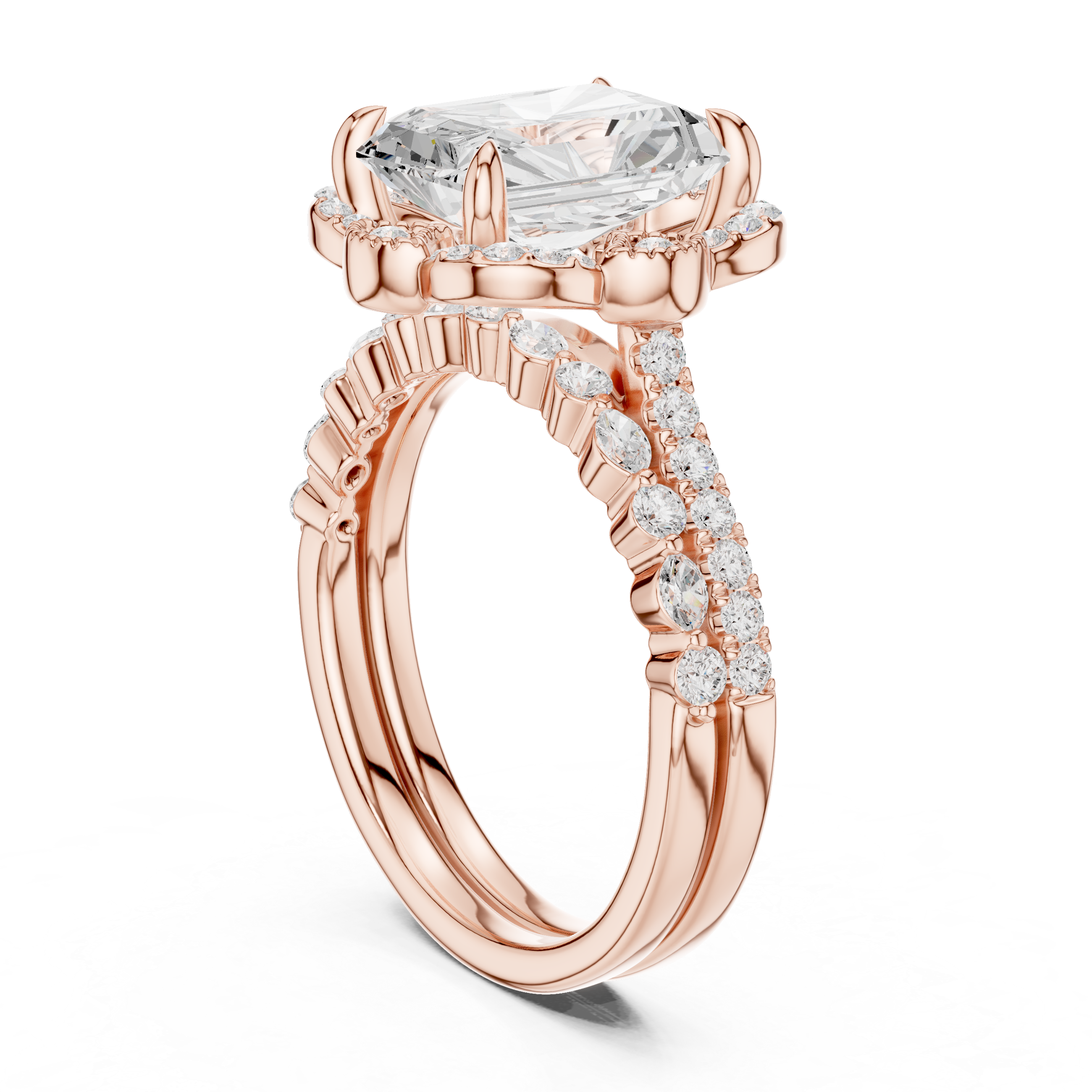 Radiant Cut Floral Halo Engagement Ring with Diamond Accent Split Shank