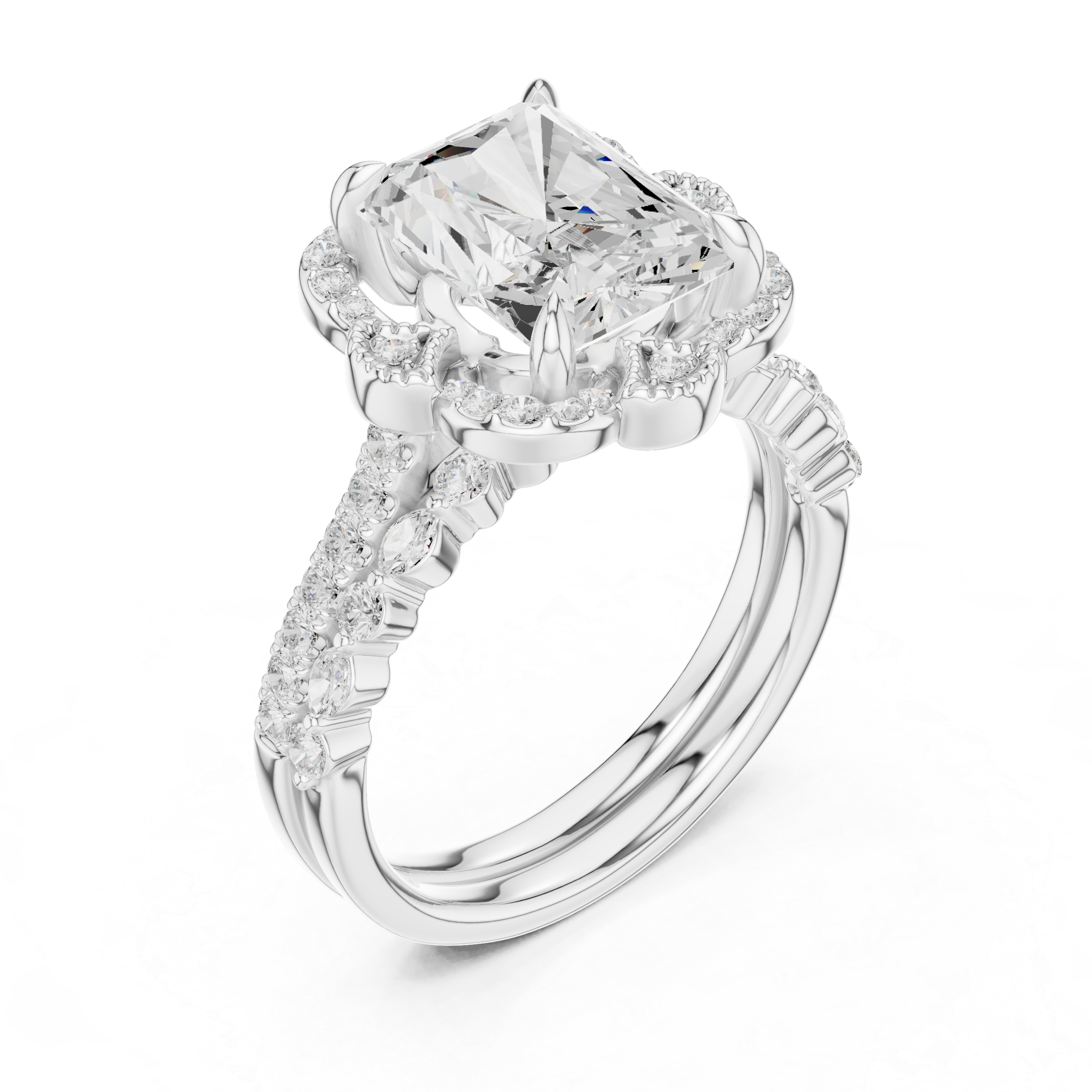 Radiant Cut Floral Halo Engagement Ring with Diamond Accent Split Shank