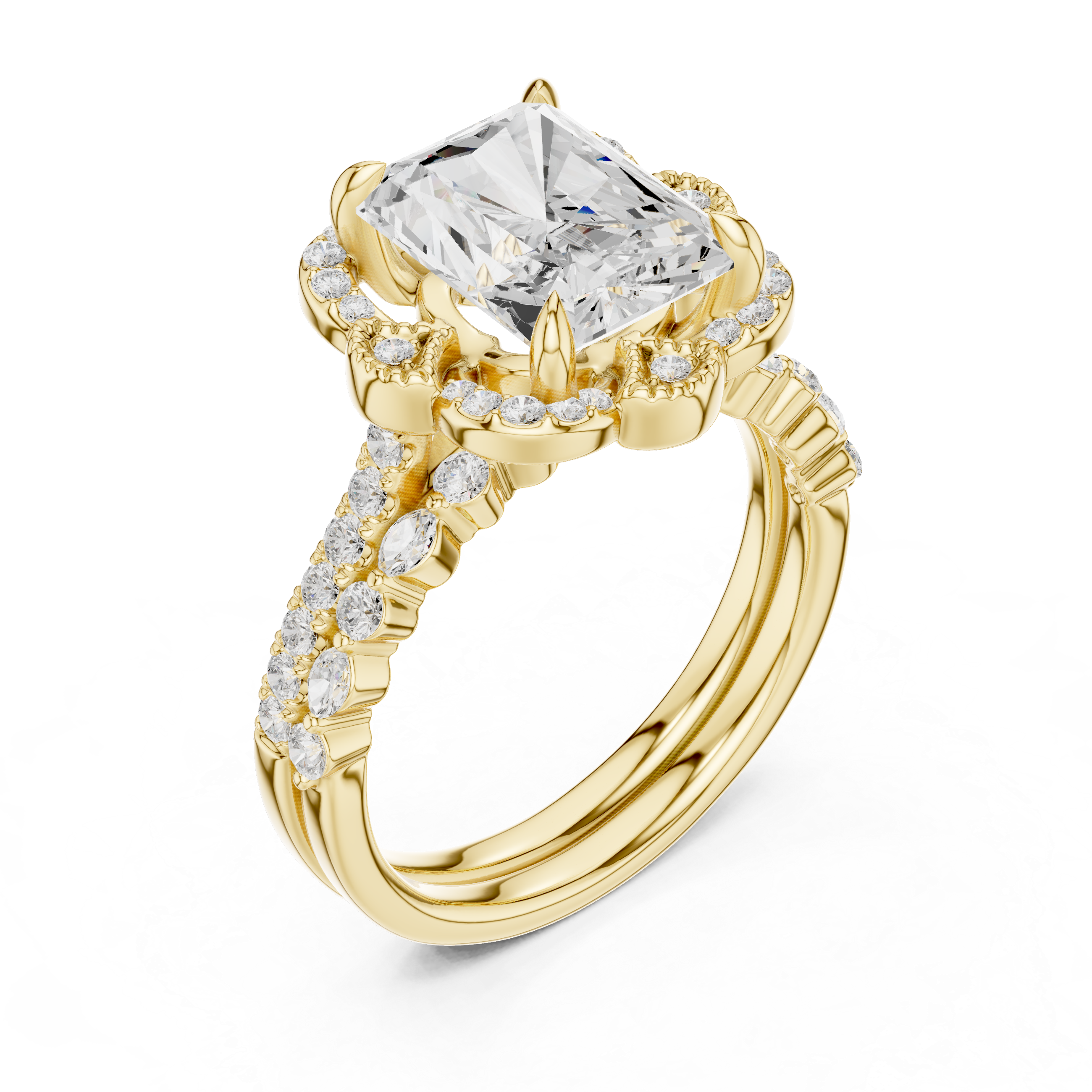Radiant Cut Floral Halo Engagement Ring with Diamond Accent Split Shank