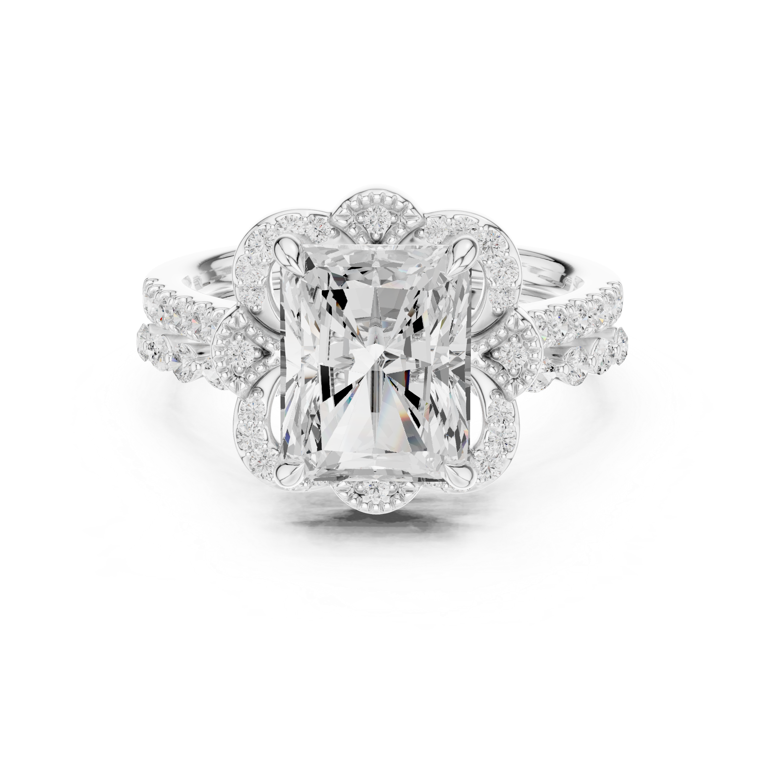 Radiant Cut Floral Halo Engagement Ring with Diamond Accent Split Shank