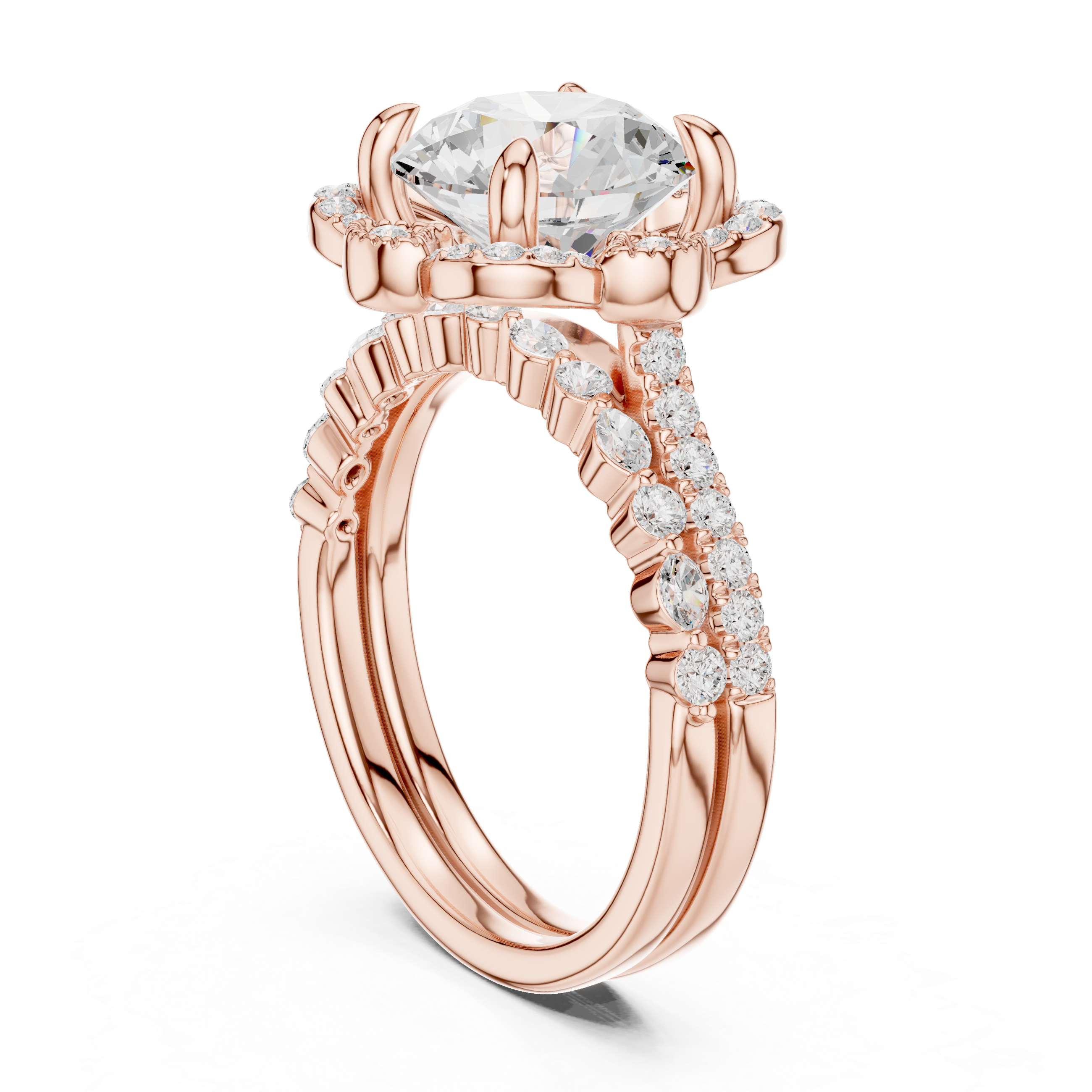 Round Brilliant Floral Halo Engagement Ring with Diamond Accent Split Shank