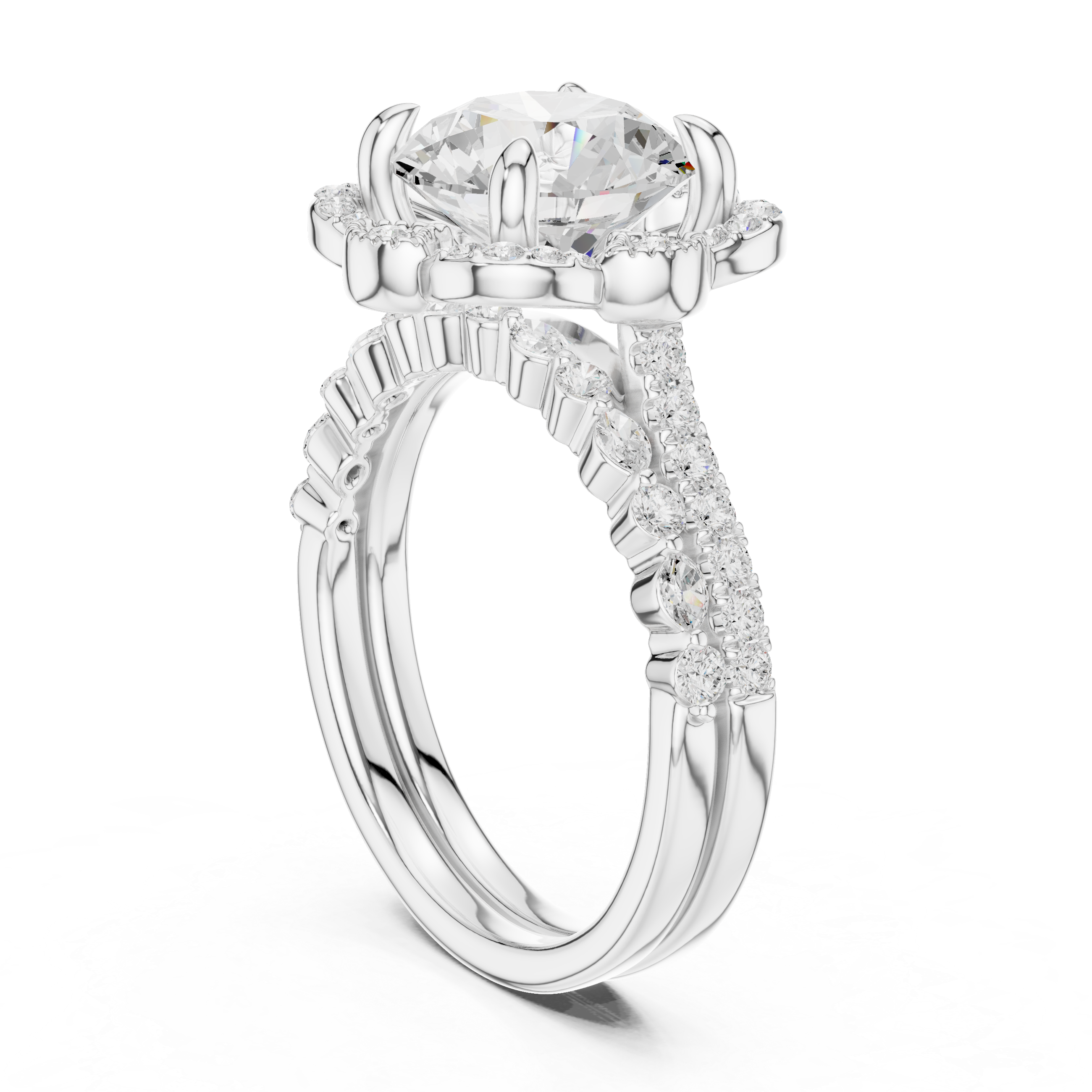 Round Brilliant Floral Halo Engagement Ring with Diamond Accent Split Shank