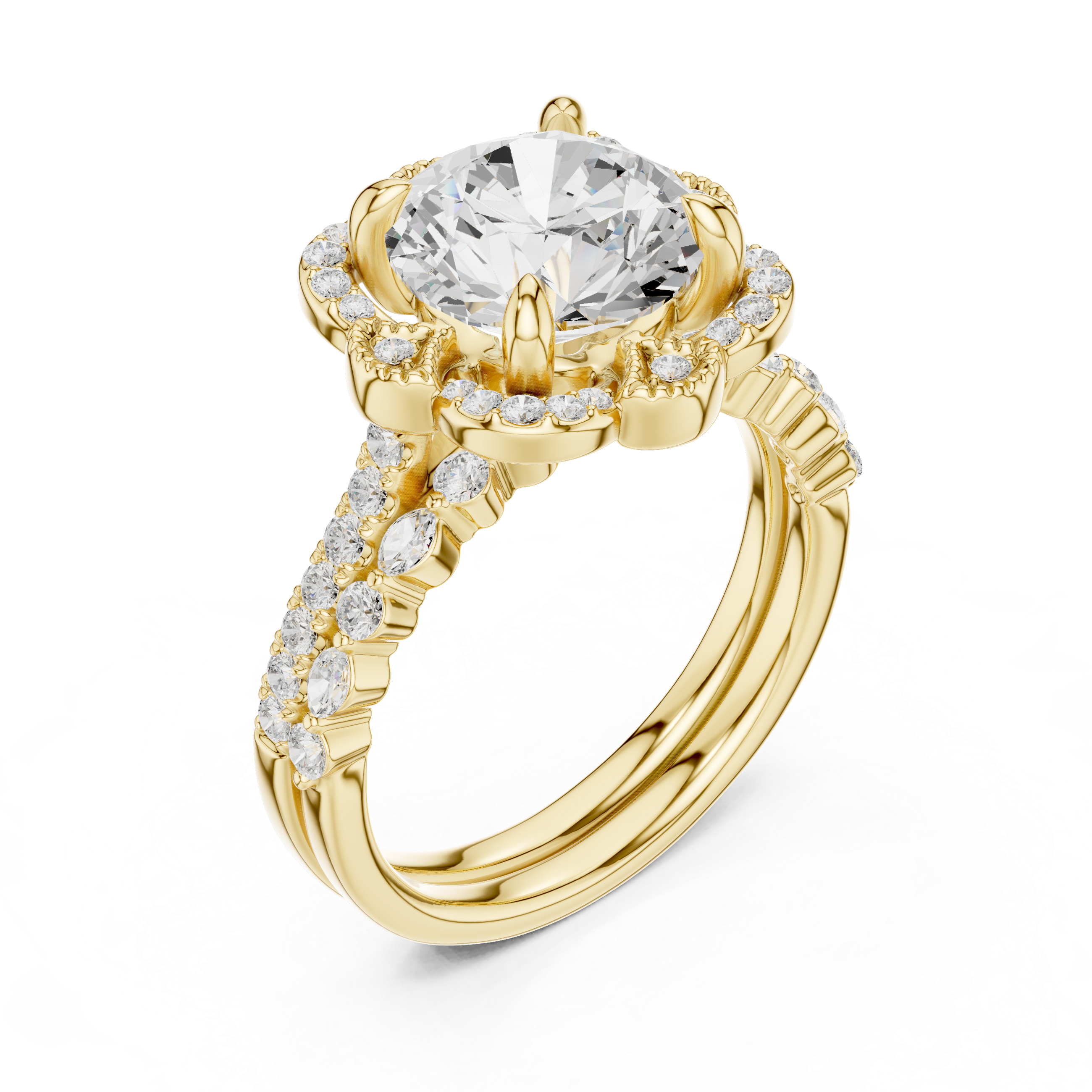 Round Brilliant Floral Halo Engagement Ring with Diamond Accent Split Shank