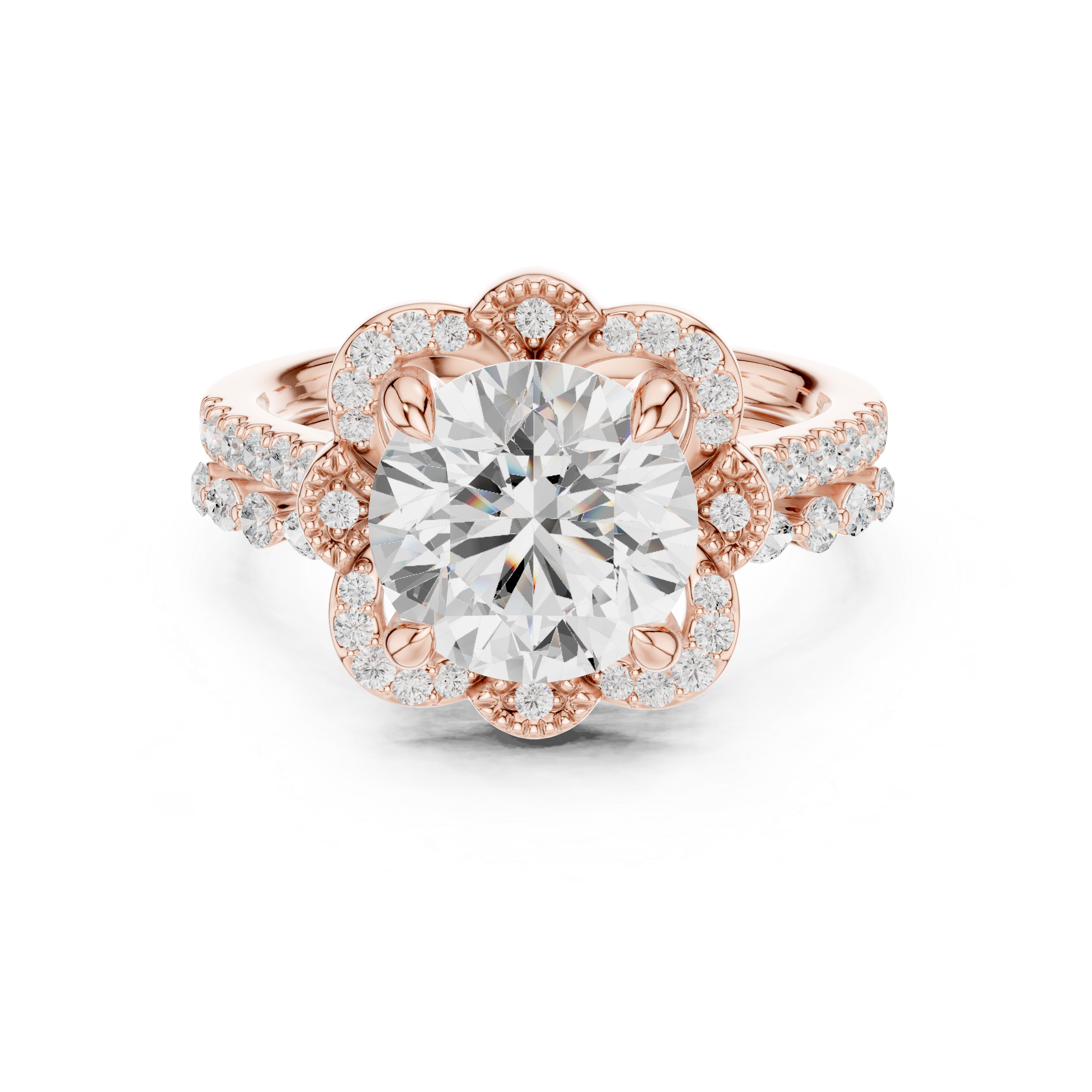 Round Brilliant Floral Halo Engagement Ring with Diamond Accent Split Shank