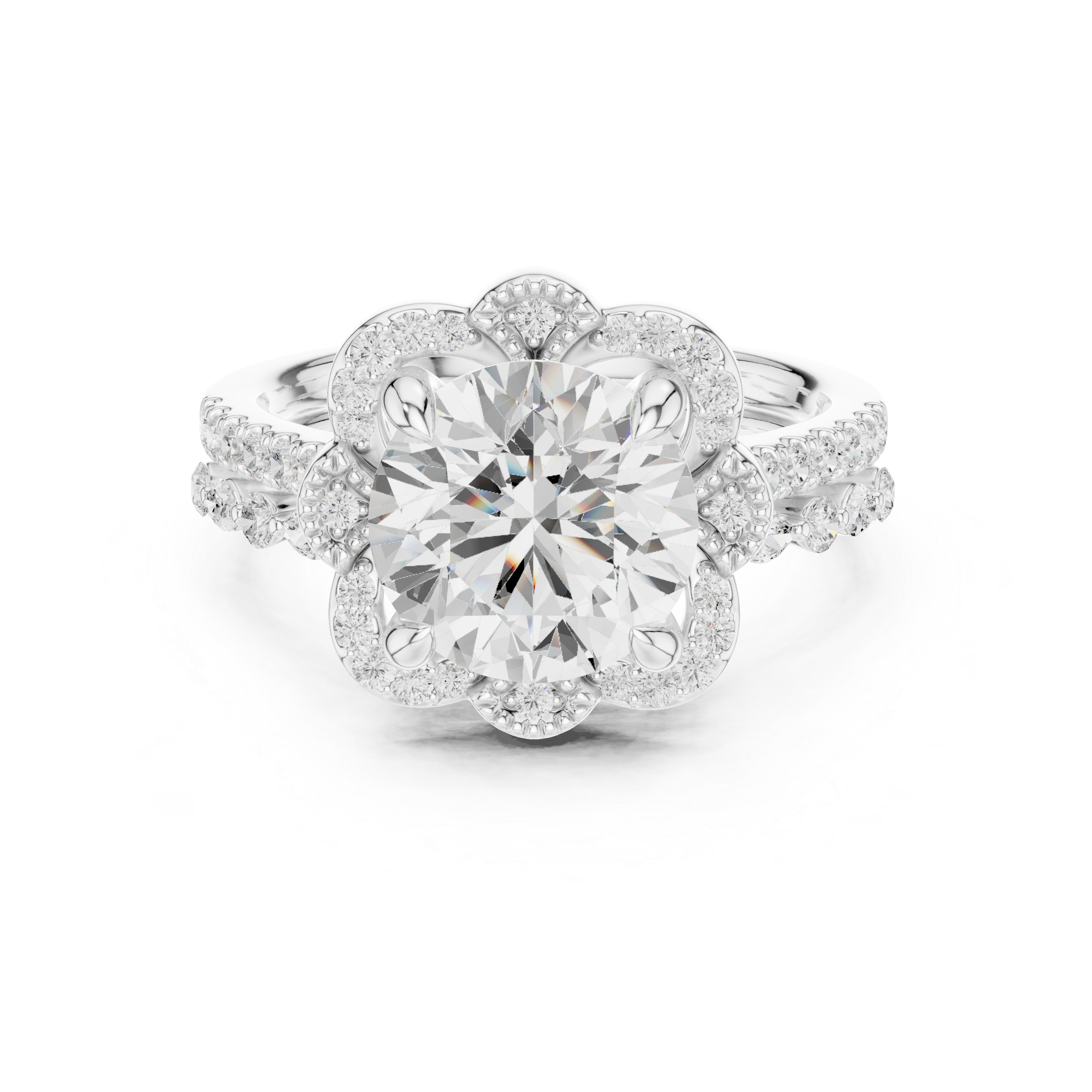 Round Brilliant Floral Halo Engagement Ring with Diamond Accent Split Shank