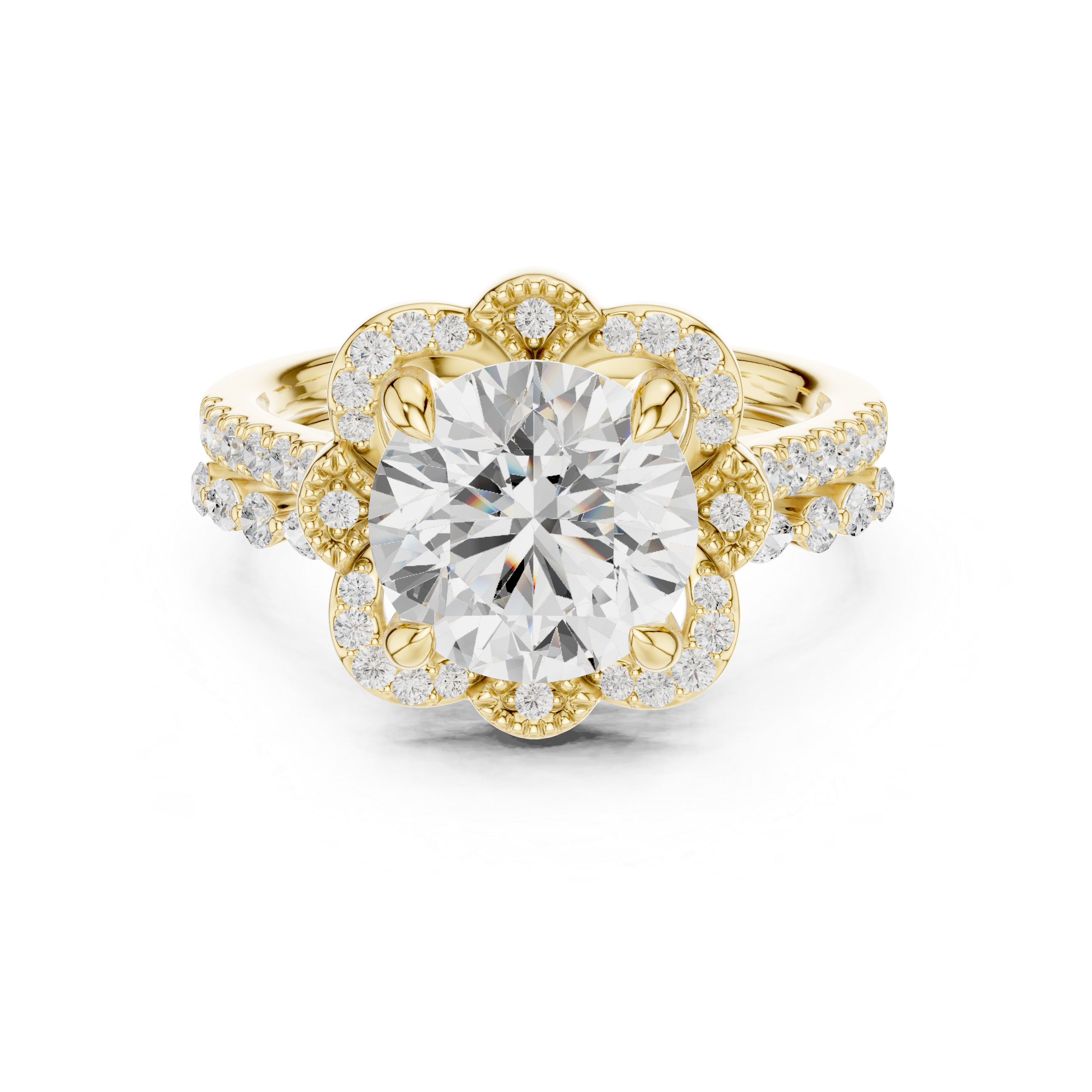 Round Brilliant Floral Halo Engagement Ring with Diamond Accent Split Shank