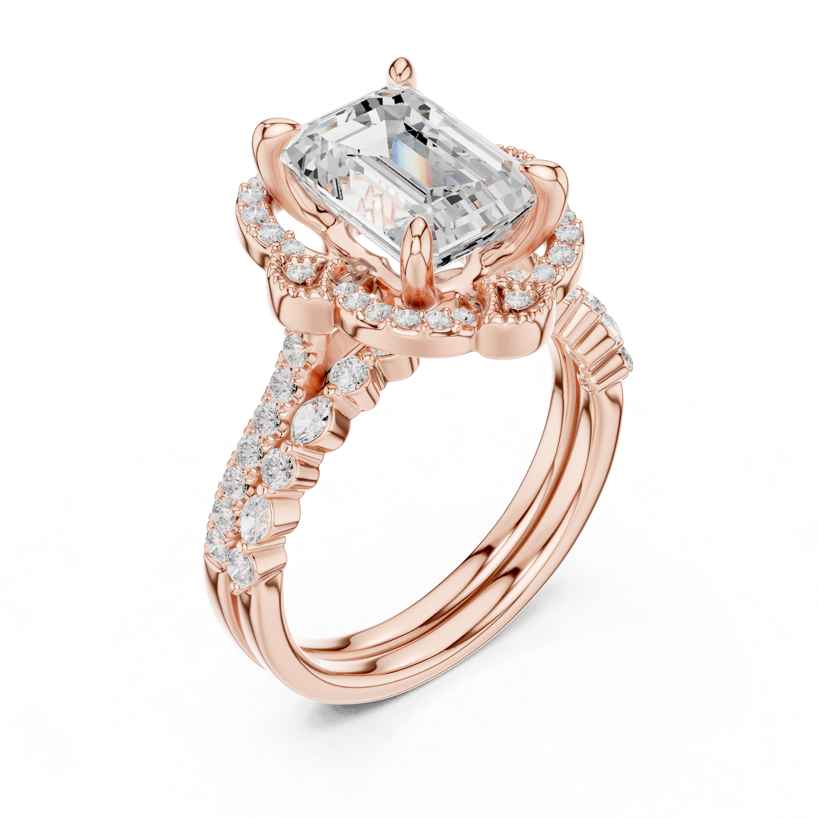 Vintage Emerald Cut Halo Bridal Ring Set