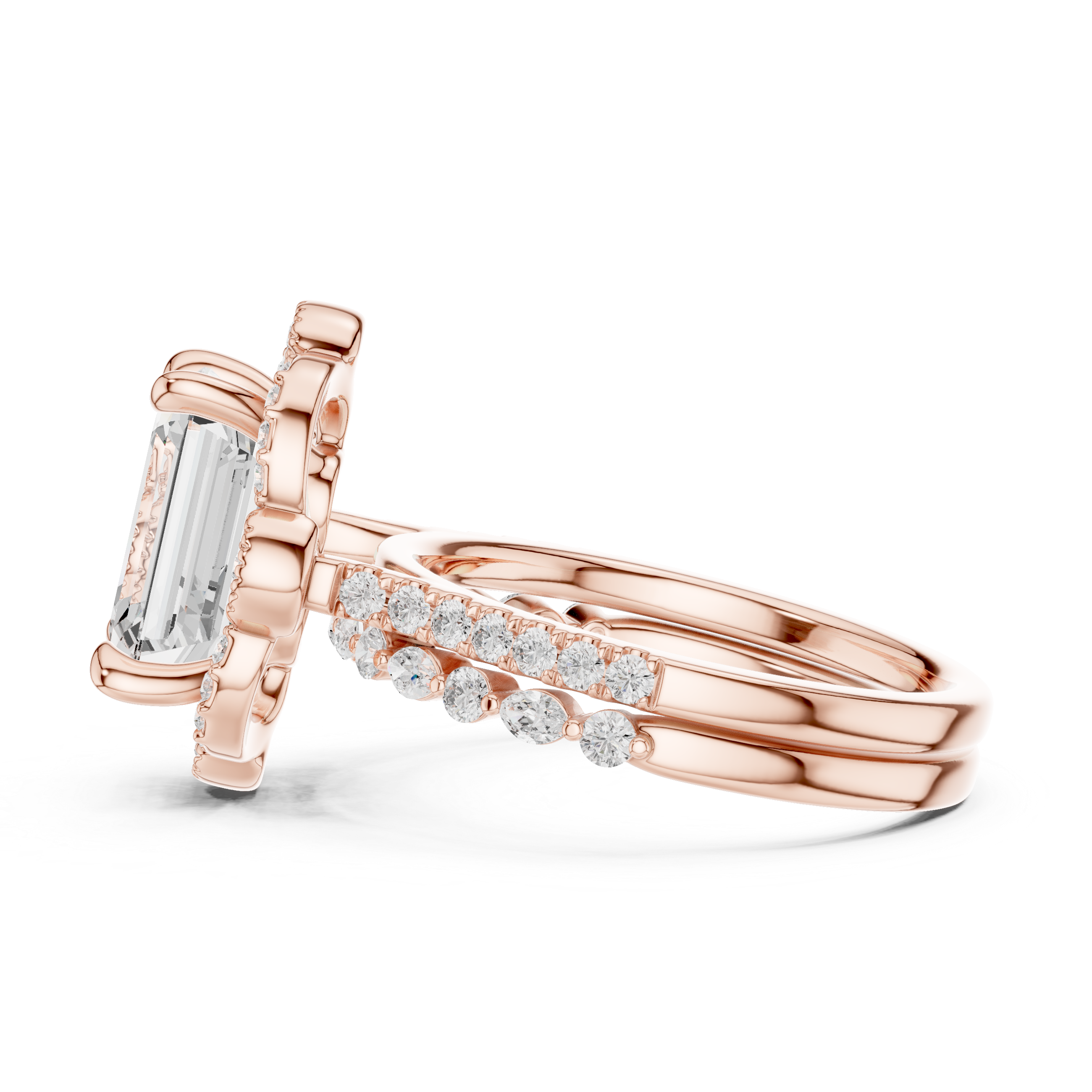 Vintage Emerald Cut Halo Bridal Ring Set