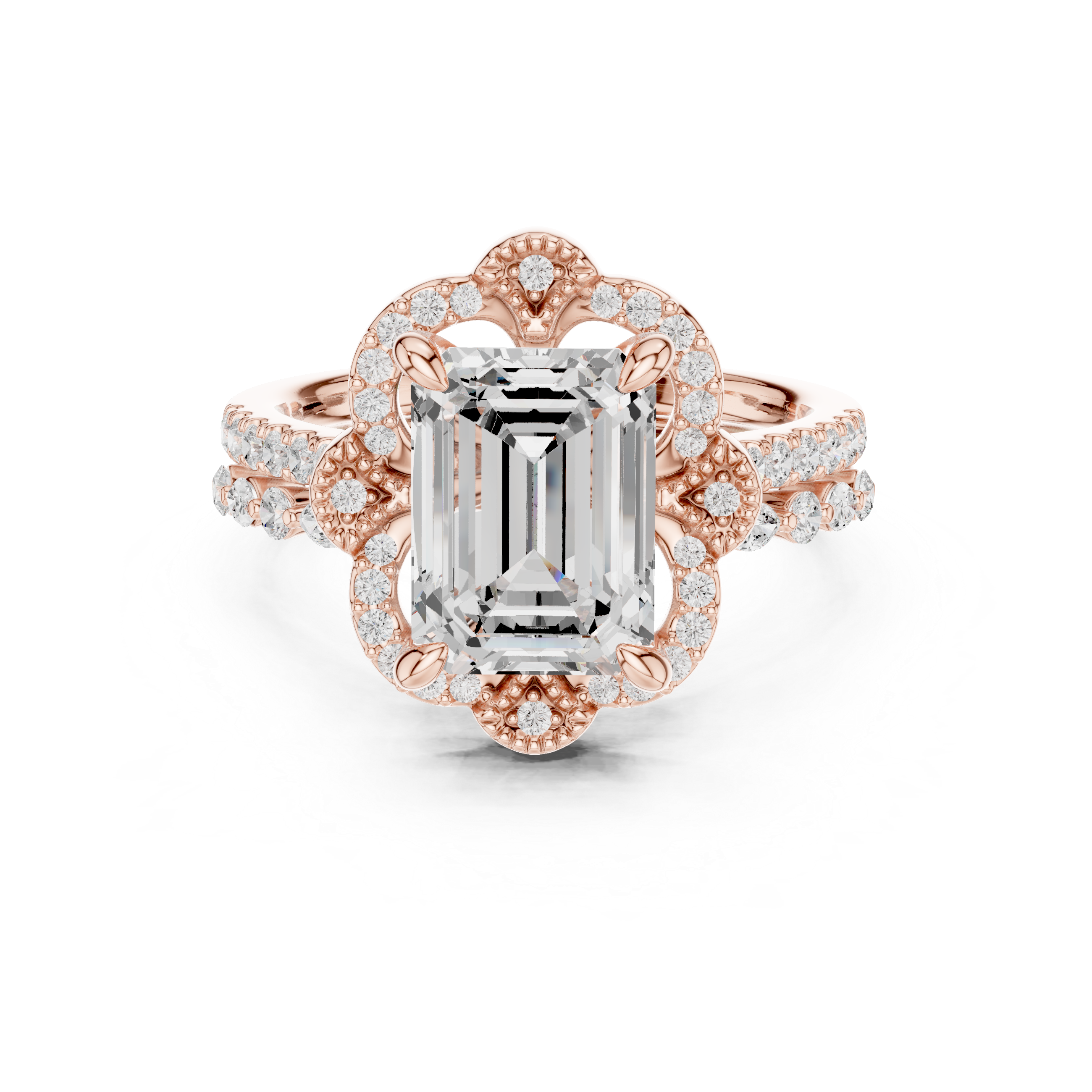 Vintage Emerald Cut Halo Bridal Ring Set