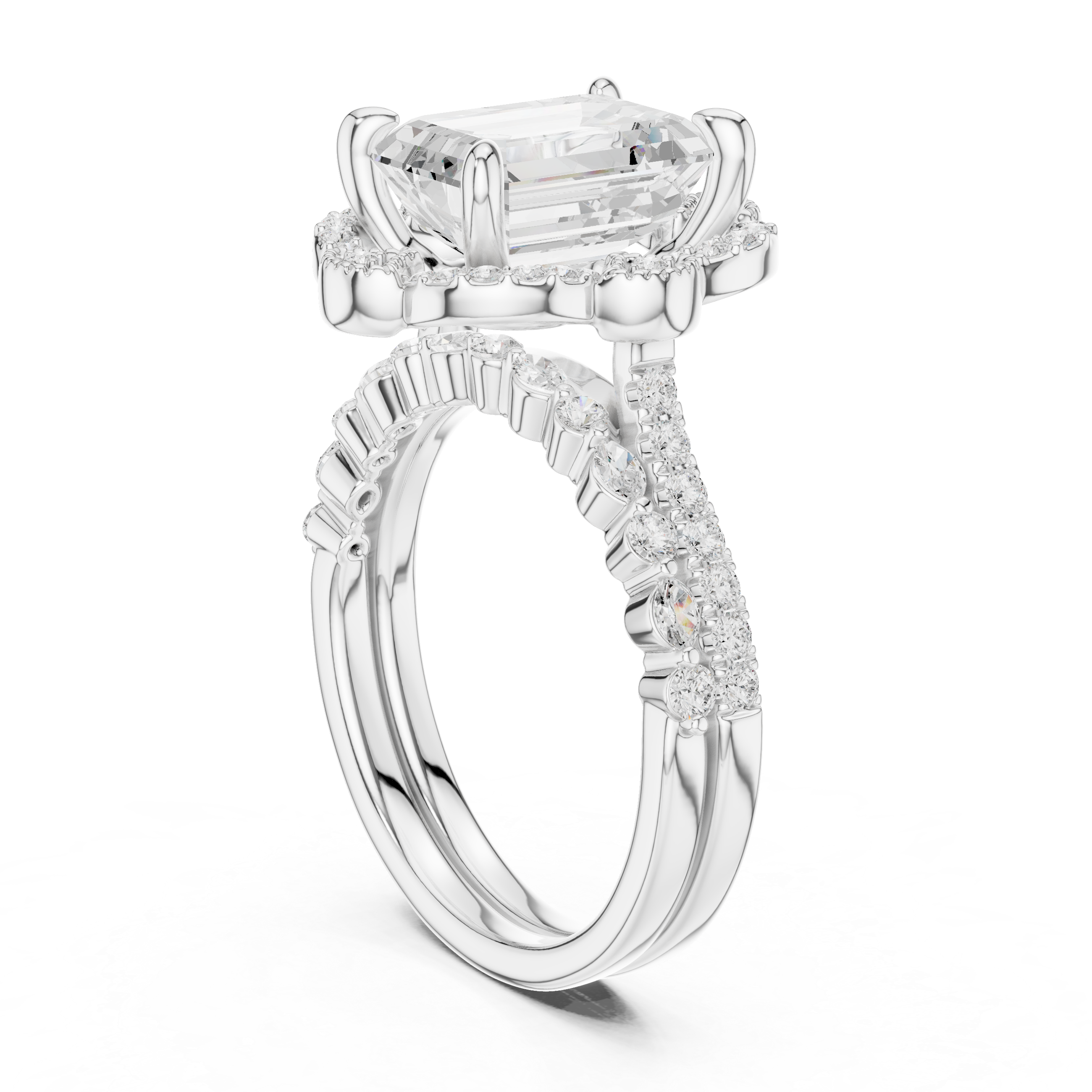 Vintage Emerald Cut Halo Bridal Ring Set