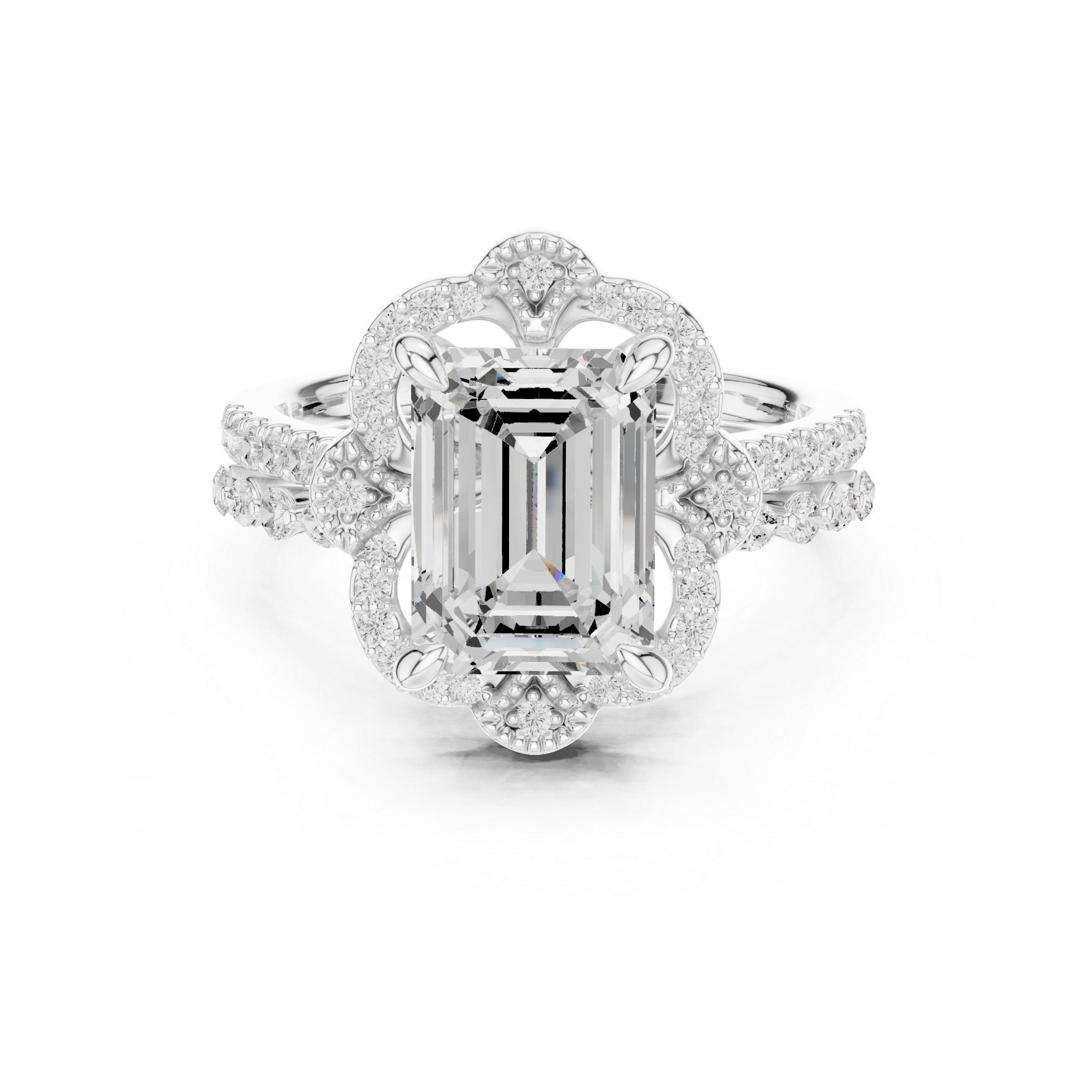Vintage Emerald Cut Halo Bridal Ring Set