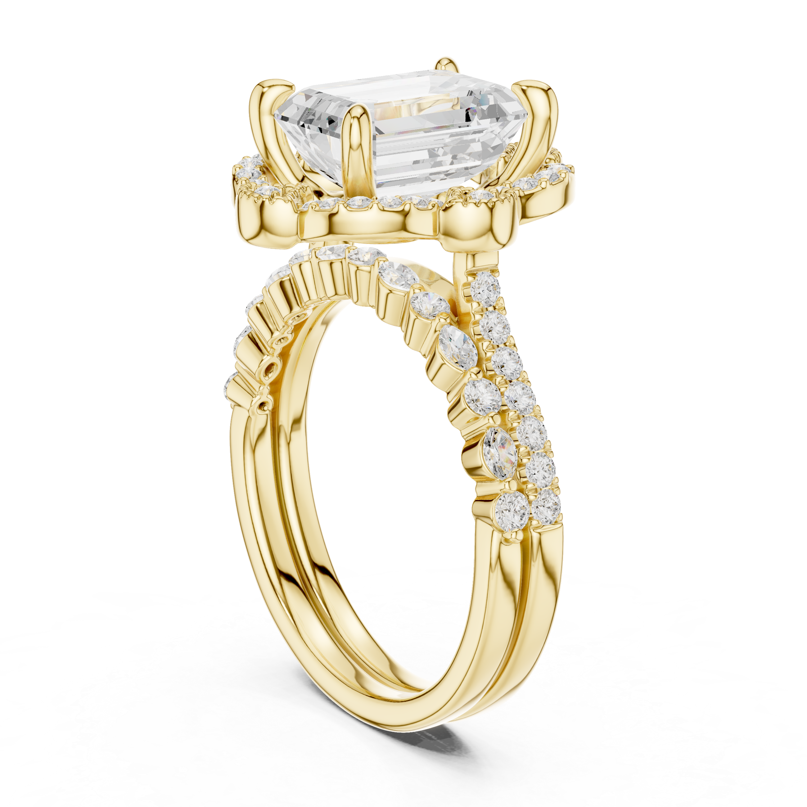 Vintage Emerald Cut Halo Bridal Ring Set