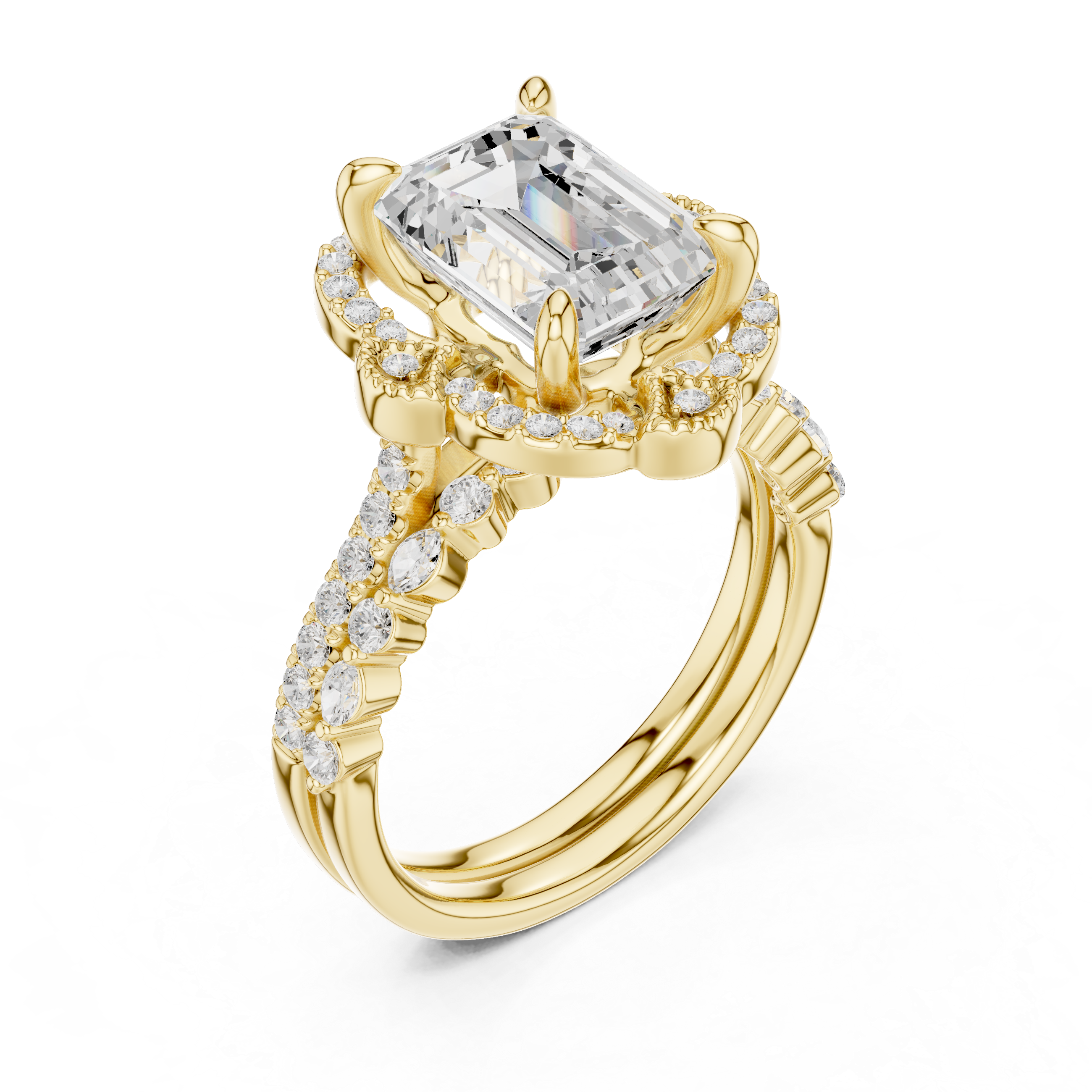 Vintage Emerald Cut Halo Bridal Ring Set