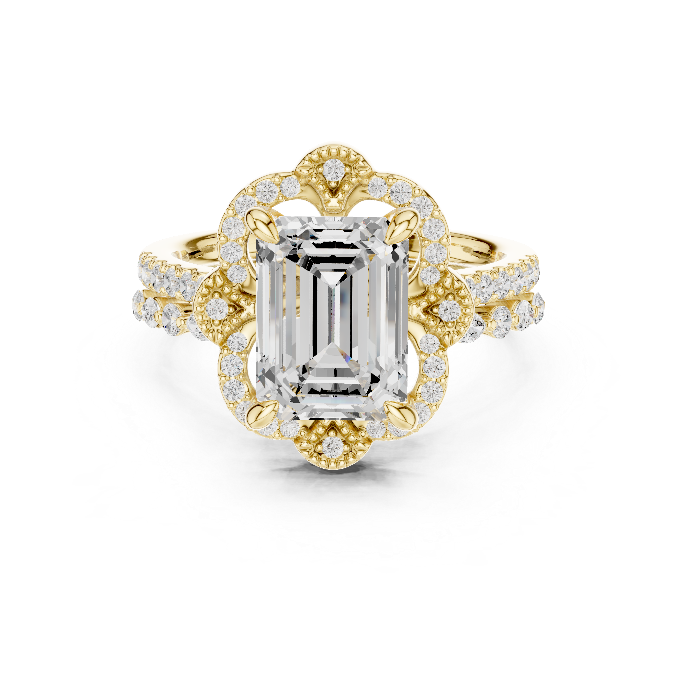 Vintage Emerald Cut Halo Bridal Ring Set
