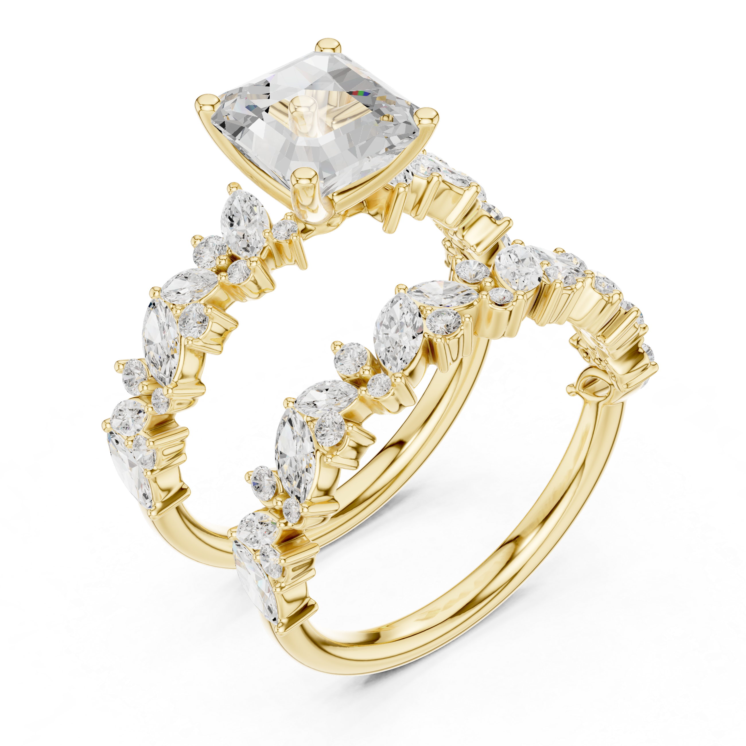 Luxury Asscher Cut Floral Diamond Bridal Ring Set with Double Marquise Bands