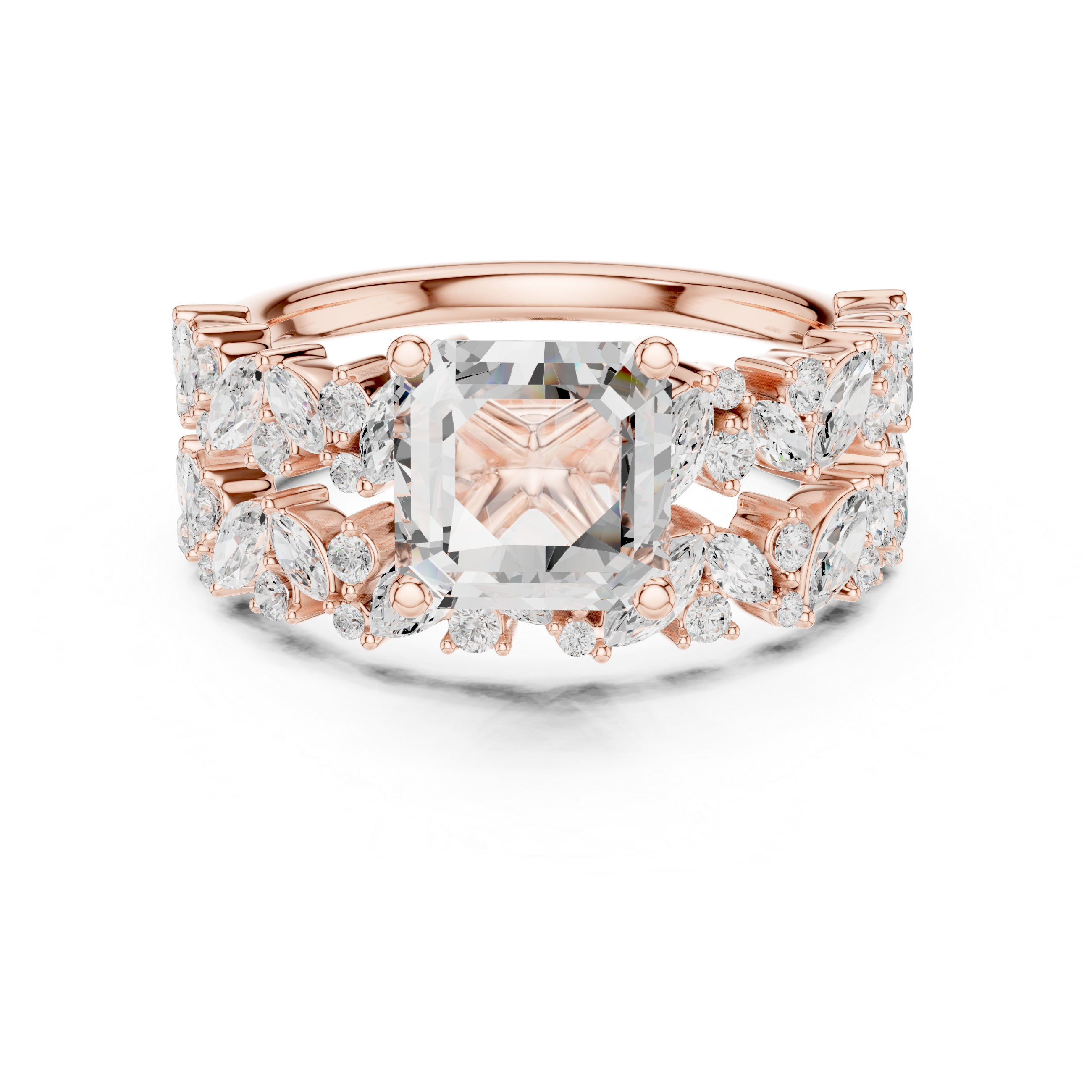 Luxury Asscher Cut Floral Diamond Bridal Ring Set with Double Marquise Bands