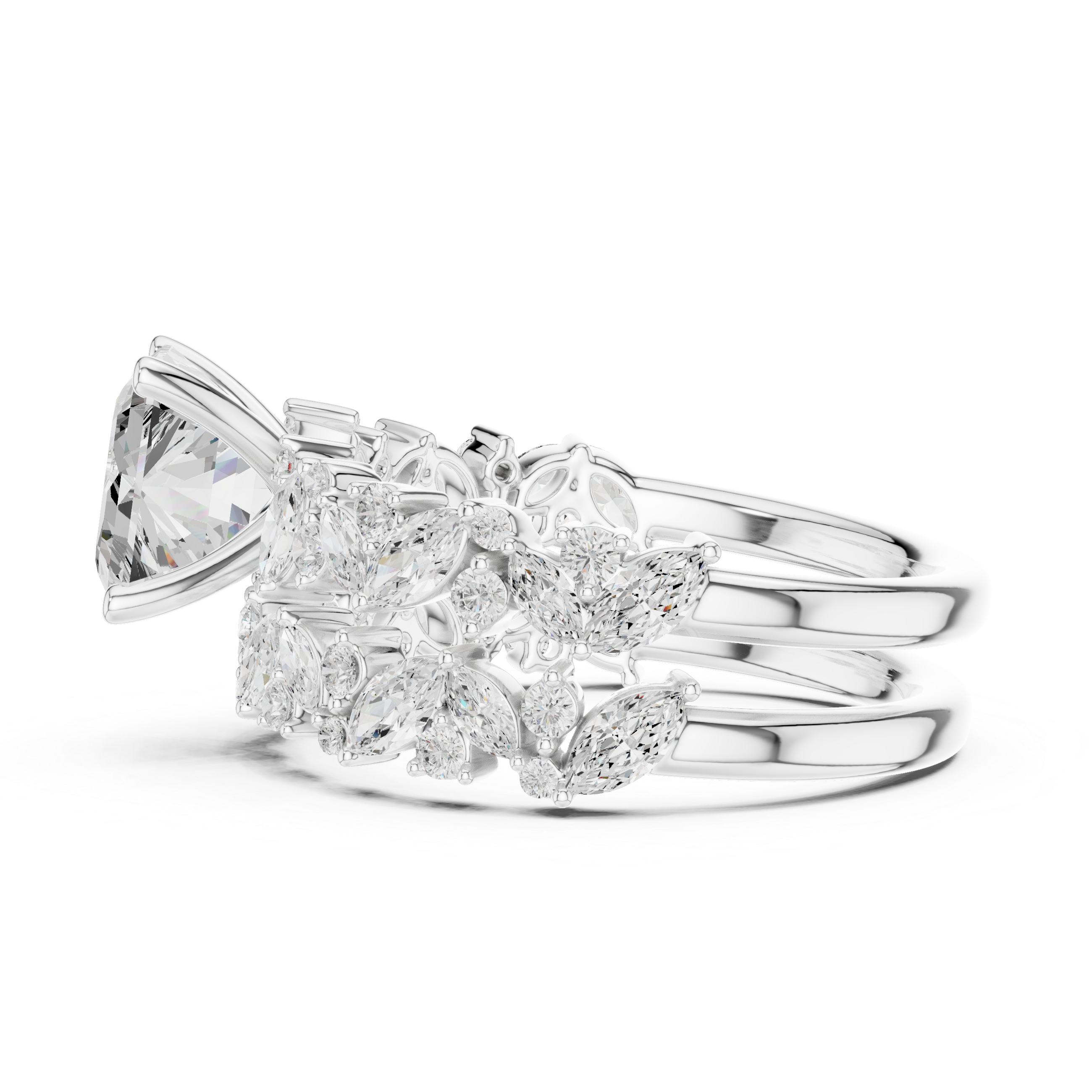 Luxury Asscher Cut Floral Diamond Bridal Ring Set with Double Marquise Bands