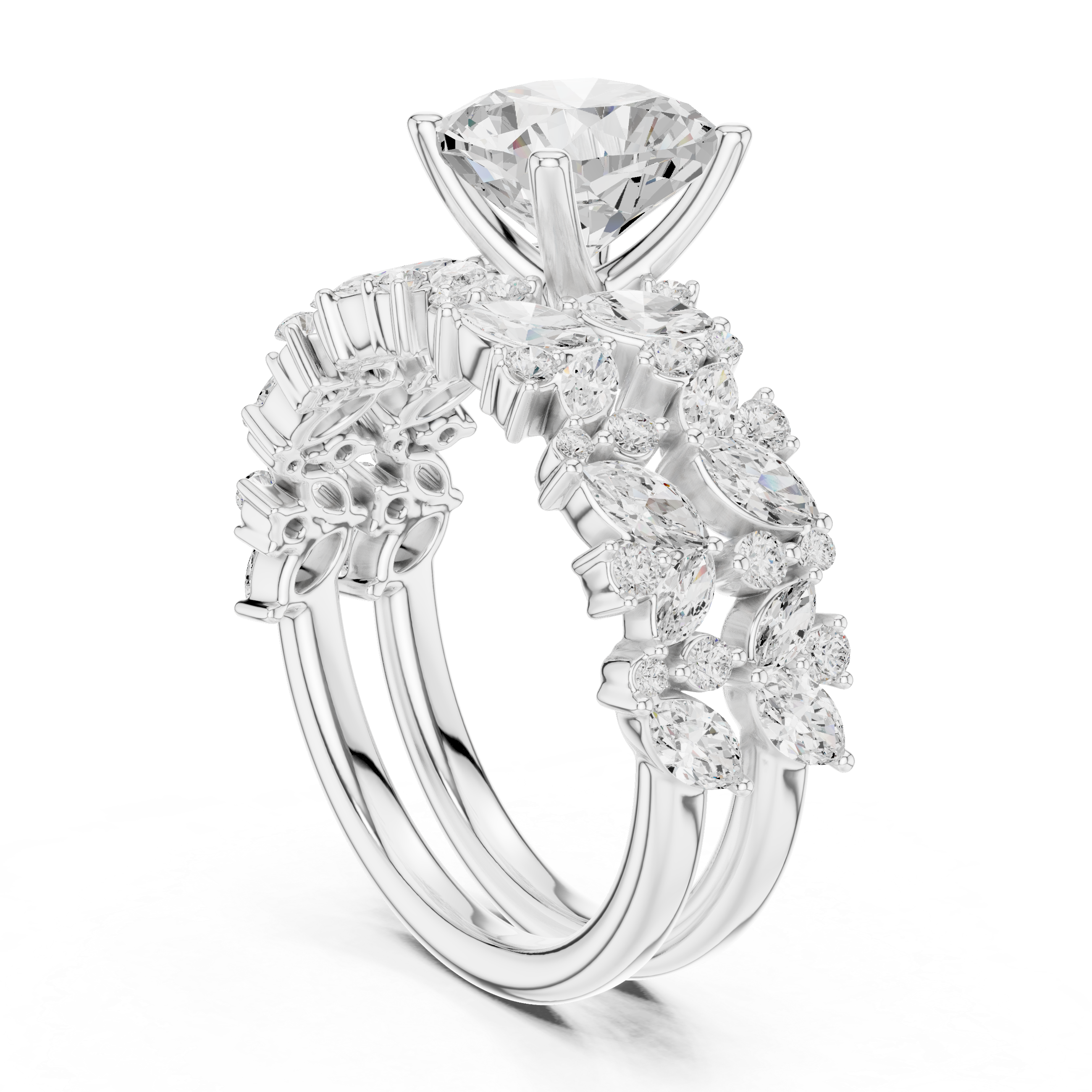 Luxury Cushion Cut Floral Diamond Bridal Ring Set with Double Marquise Diamond Bands