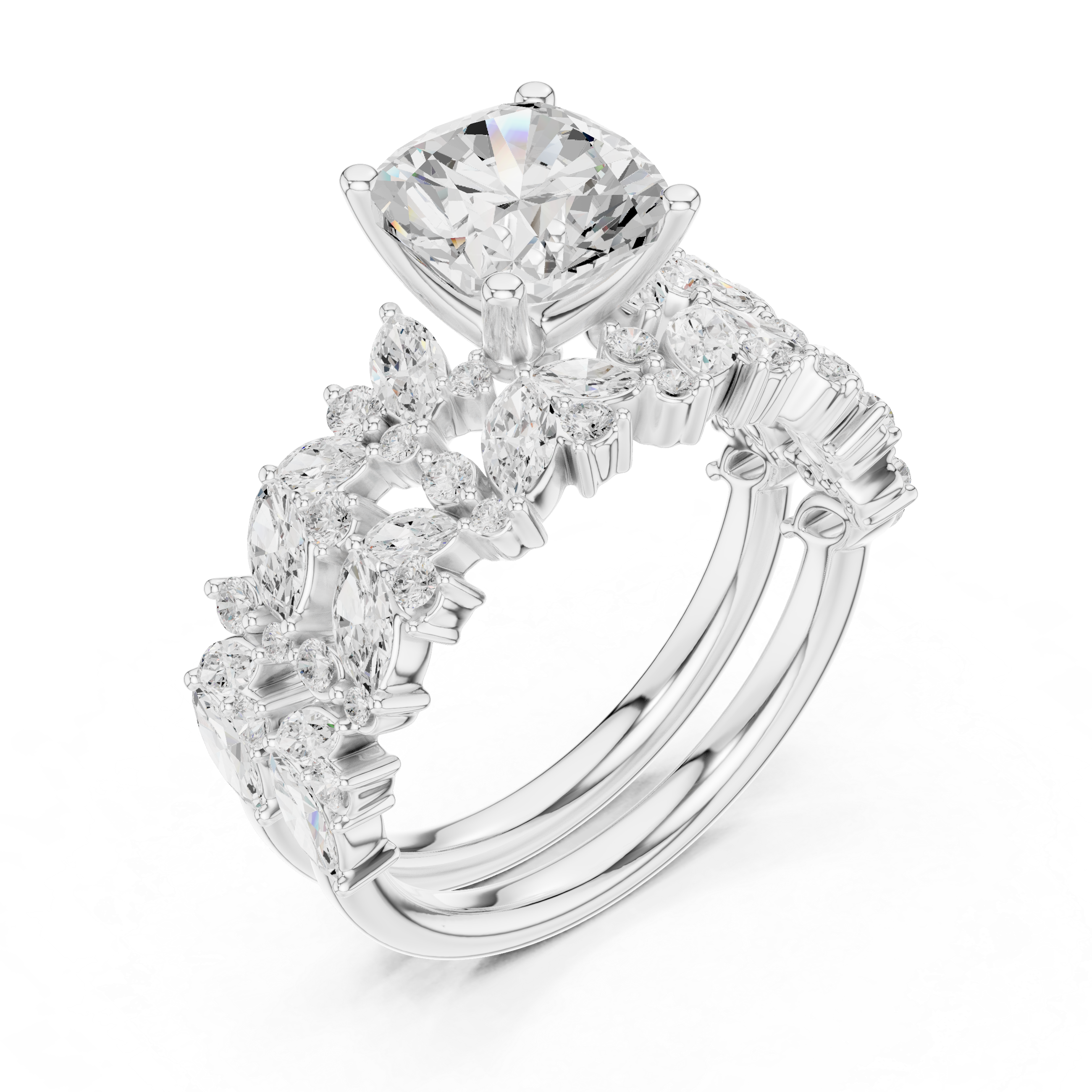 Luxury Cushion Cut Floral Diamond Bridal Ring Set with Double Marquise Diamond Bands