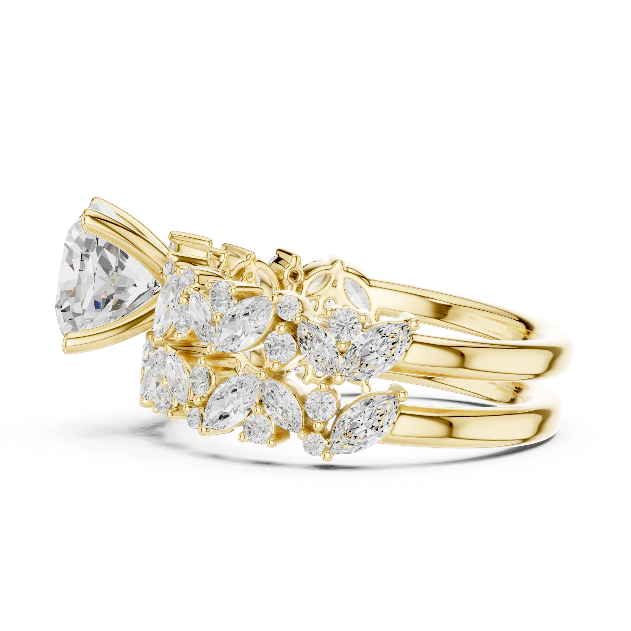 Luxury Cushion Cut Floral Diamond Bridal Ring Set with Double Marquise Diamond Bands