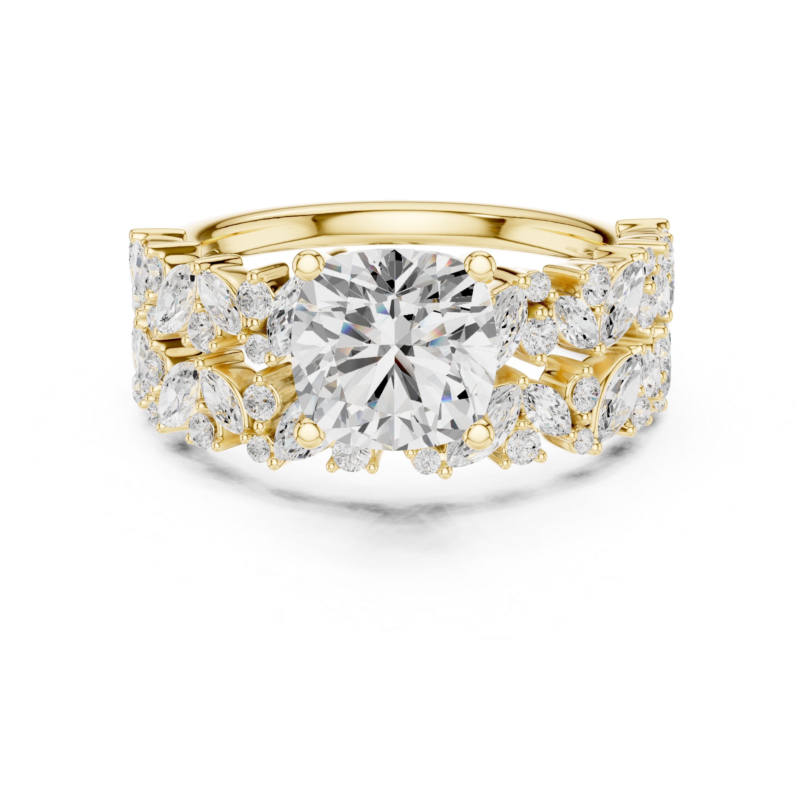 Luxury Cushion Cut Floral Diamond Bridal Ring Set with Double Marquise Diamond Bands