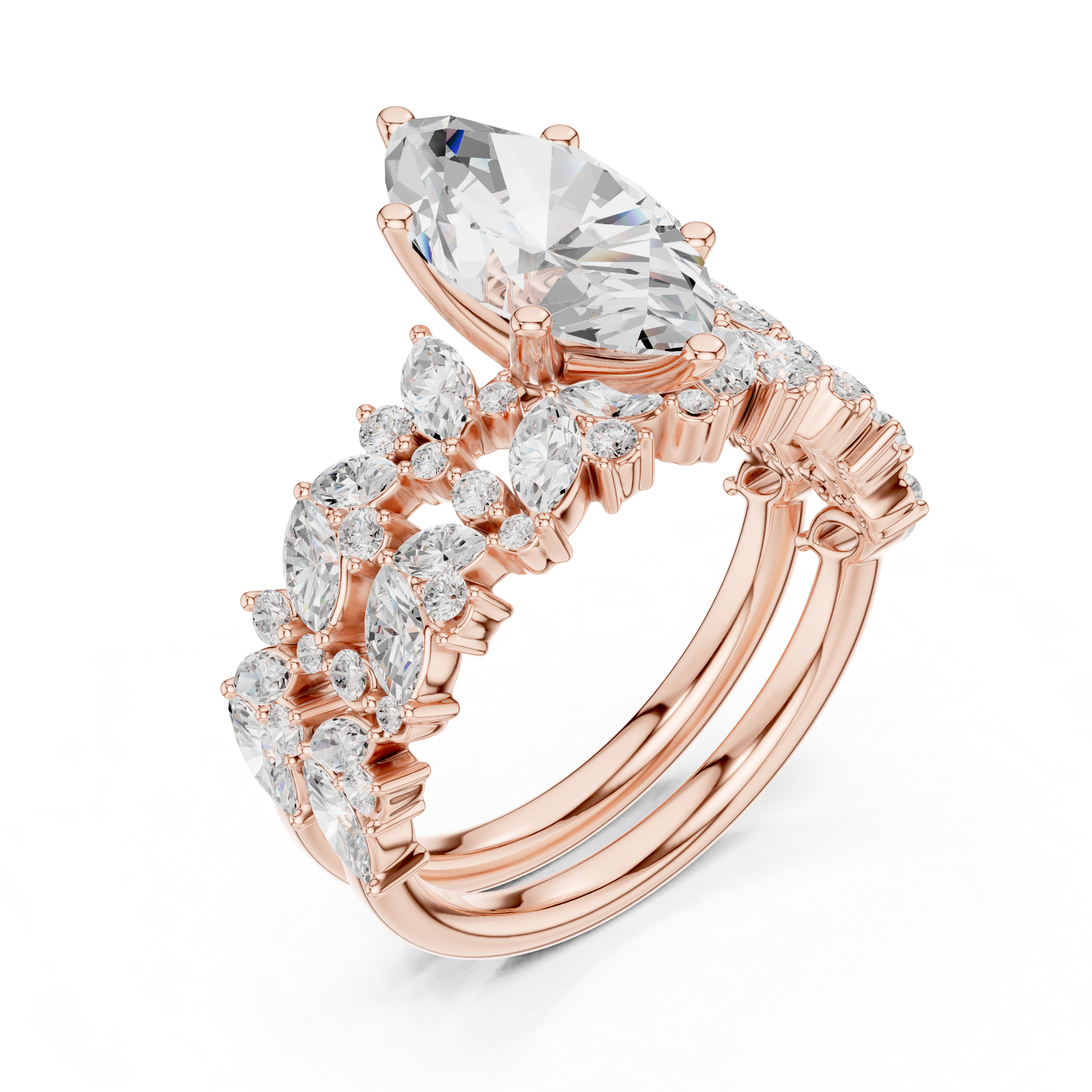 Luxury Marquise Cut Floral Diamond Bridal Ring Set with Double Marquise Diamond Bands