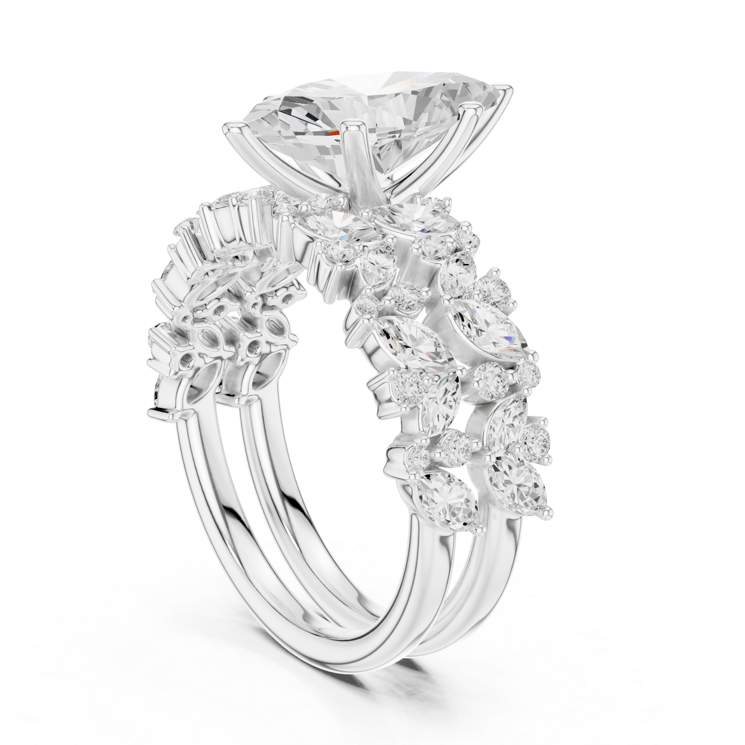 Luxury Marquise Cut Floral Diamond Bridal Ring Set with Double Marquise Diamond Bands