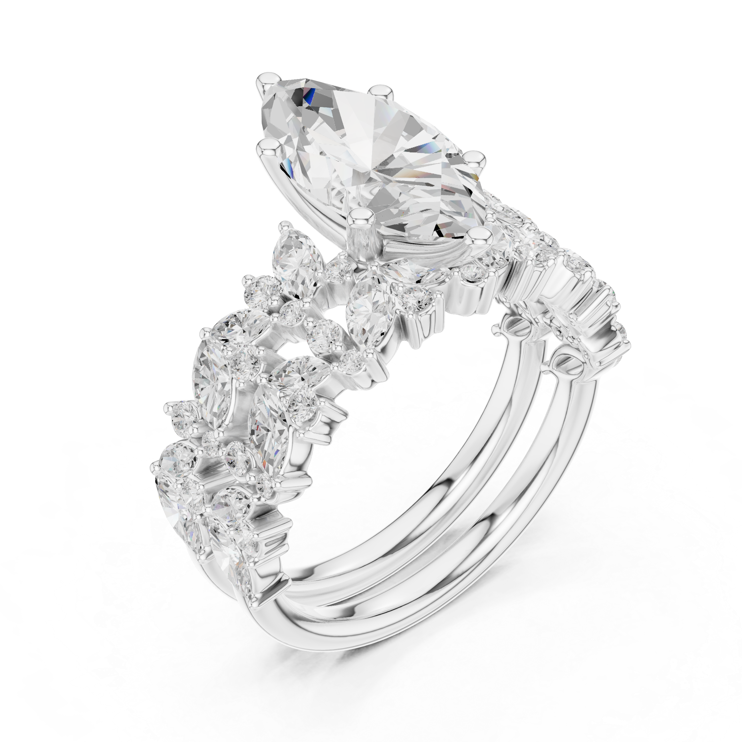 Luxury Marquise Cut Floral Diamond Bridal Ring Set with Double Marquise Diamond Bands