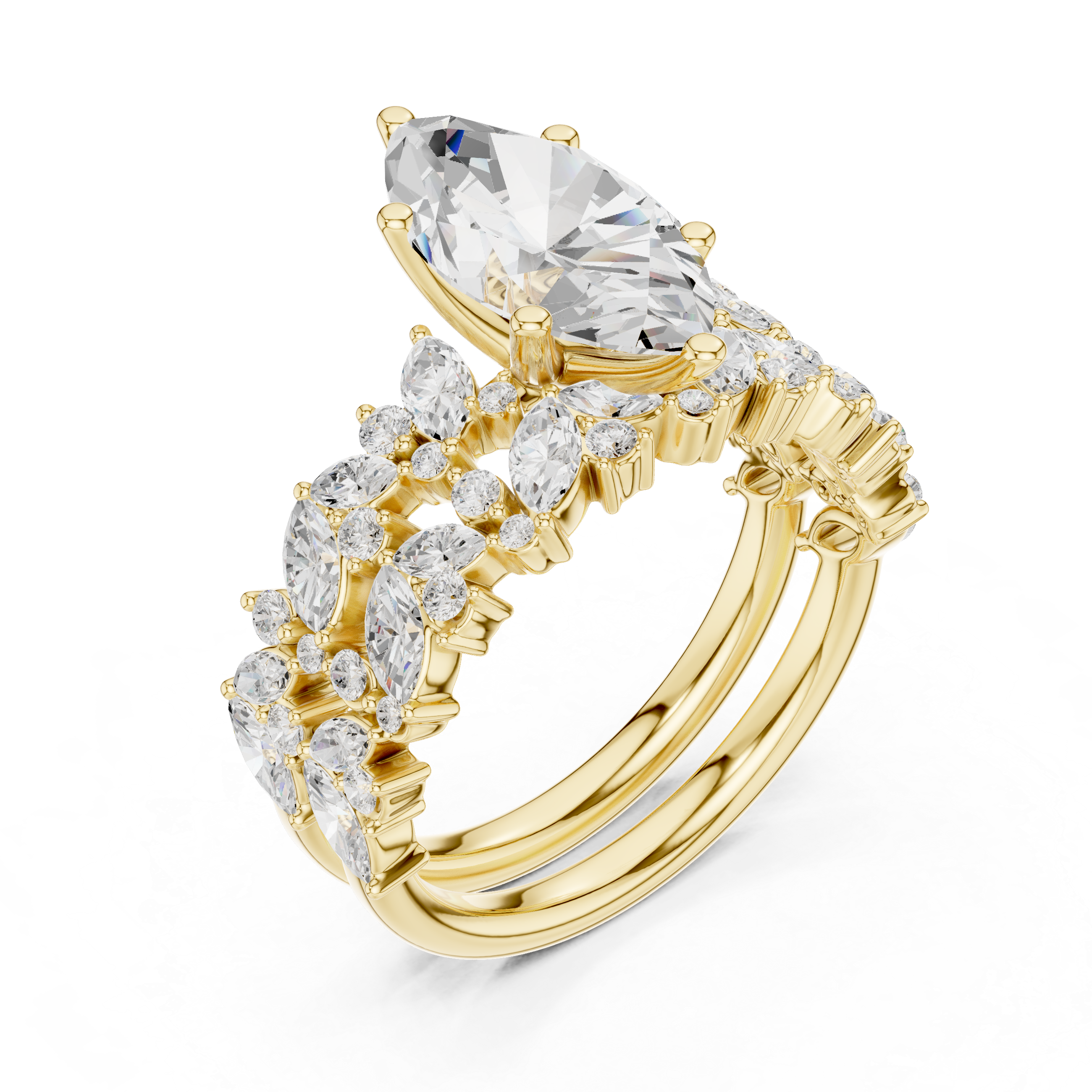 Luxury Marquise Cut Floral Diamond Bridal Ring Set with Double Marquise Diamond Bands