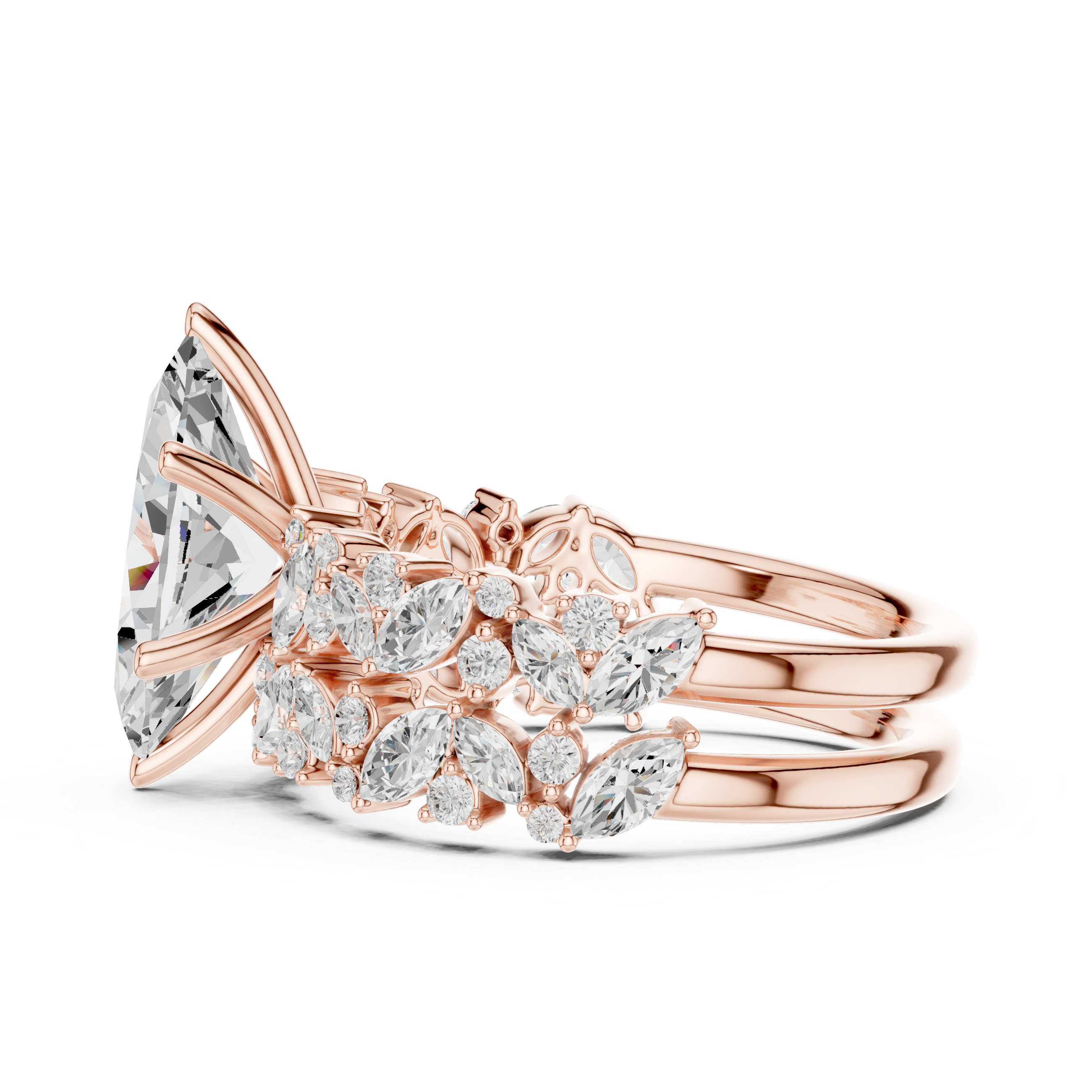 Luxury Marquise Cut Floral Diamond Bridal Ring Set with Double Marquise Diamond Bands
