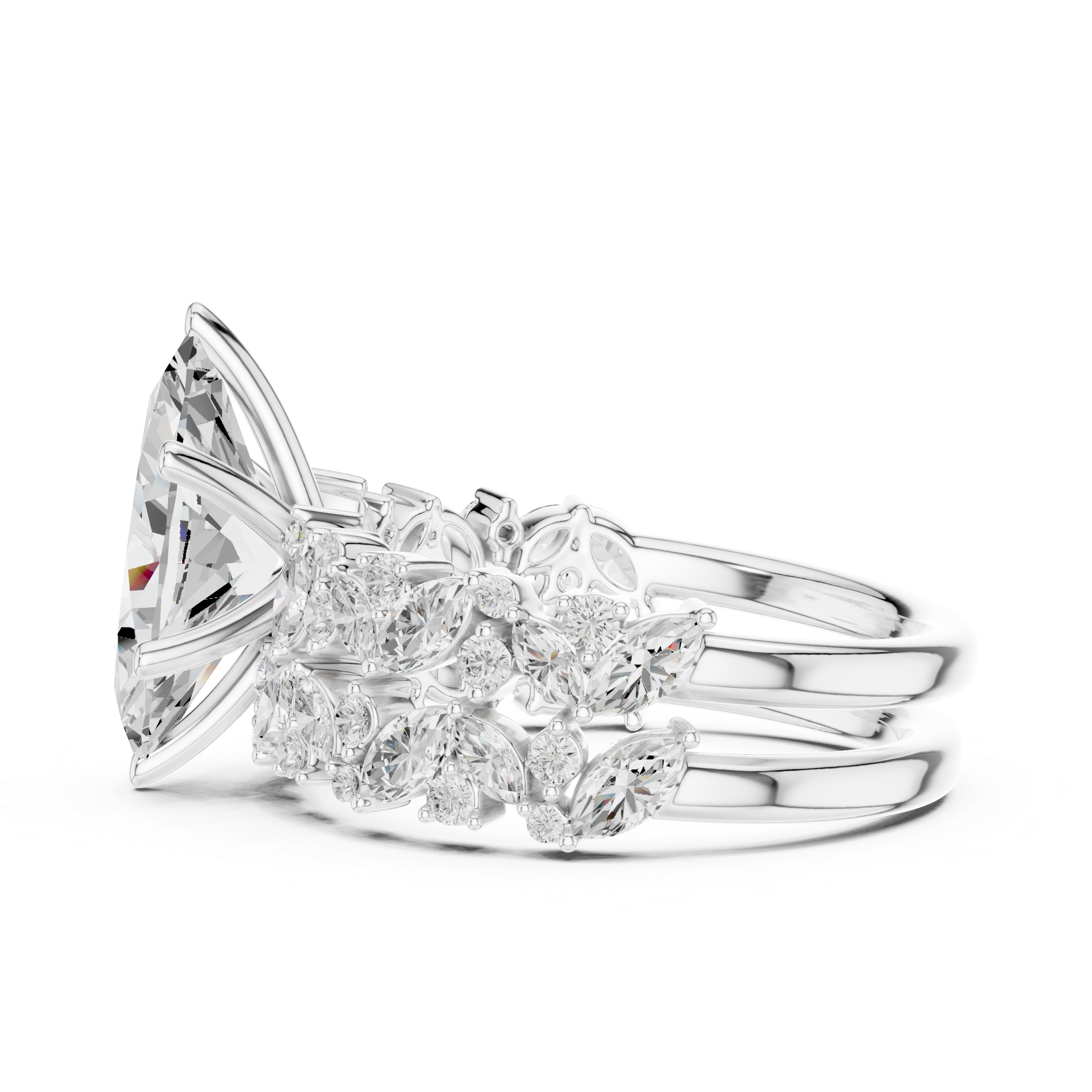 Luxury Marquise Cut Floral Diamond Bridal Ring Set with Double Marquise Diamond Bands