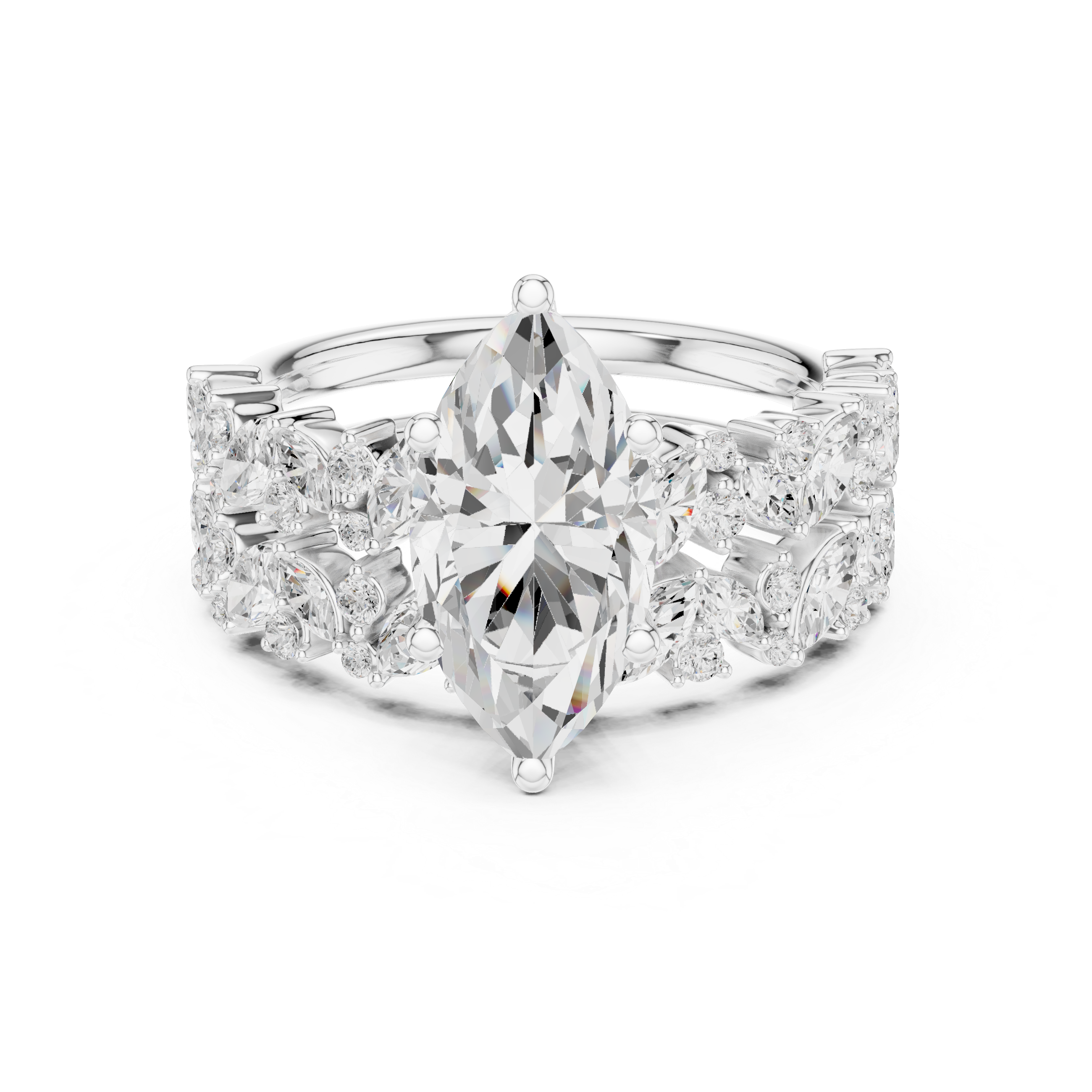 Luxury Marquise Cut Floral Diamond Bridal Ring Set with Double Marquise Diamond Bands