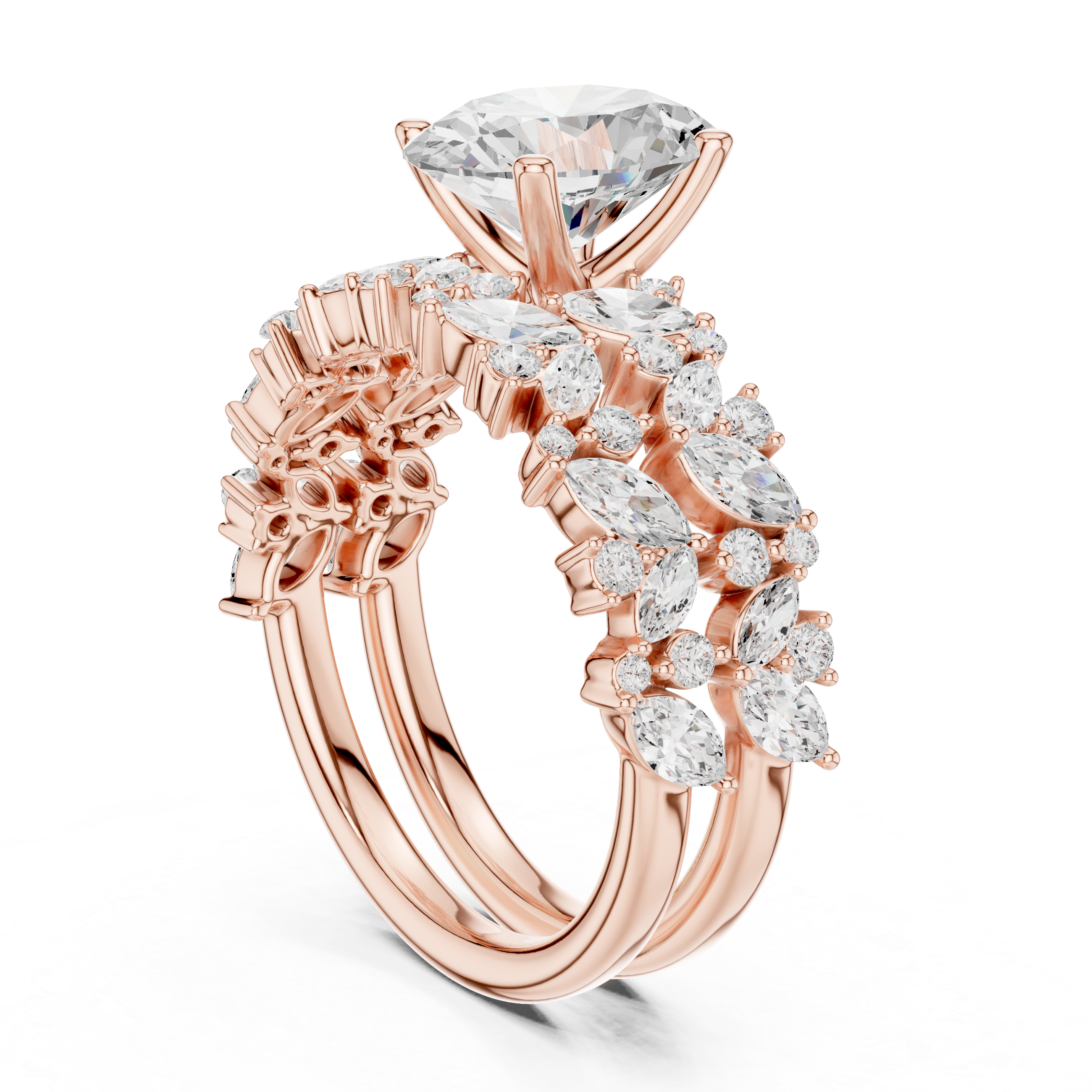 Luxury Oval Cut Floral Diamond Bridal Ring Set with Double Marquise Diamond Bands