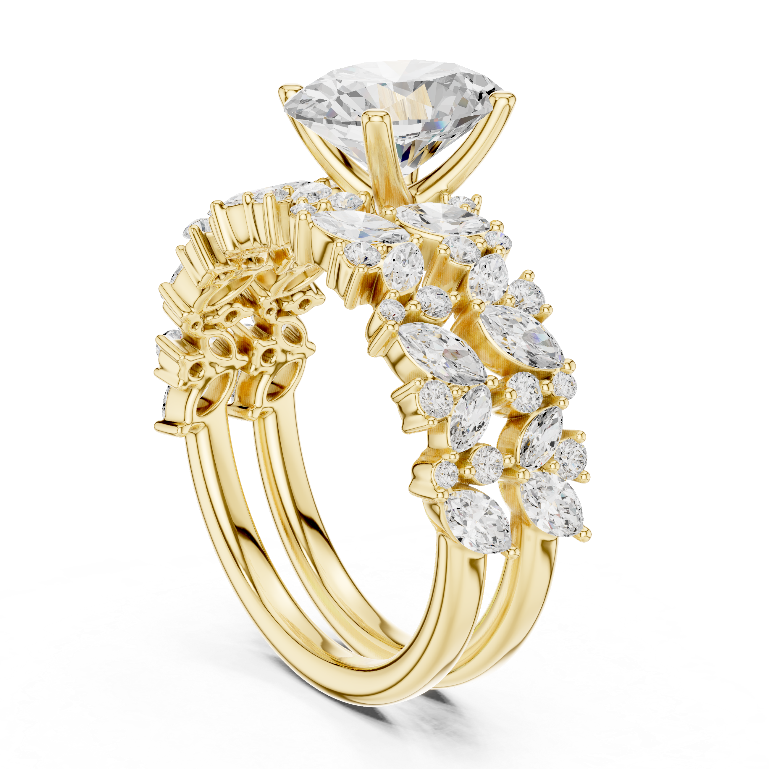 Luxury Oval Cut Floral Diamond Bridal Ring Set with Double Marquise Diamond Bands