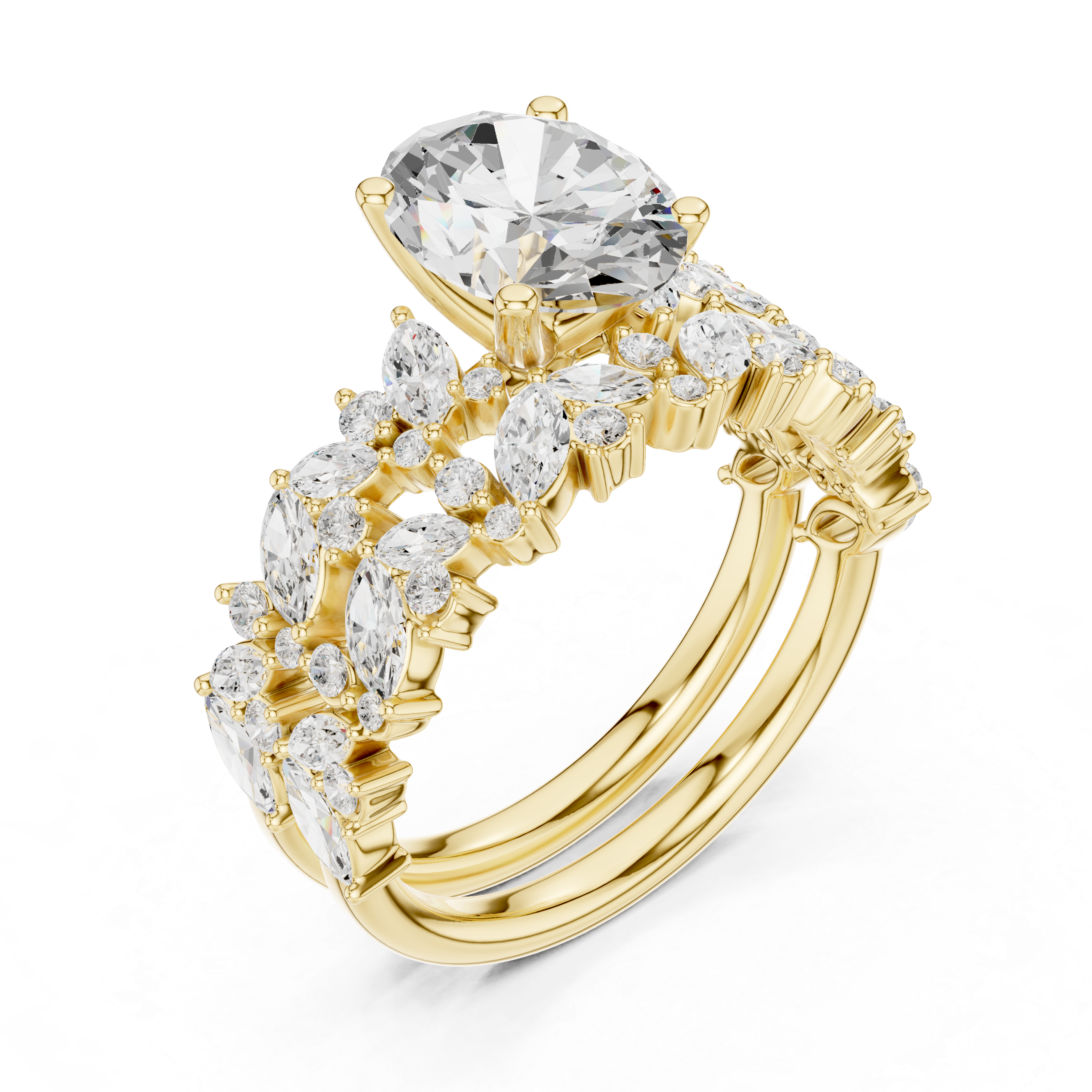 Luxury Oval Cut Floral Diamond Bridal Ring Set with Double Marquise Diamond Bands