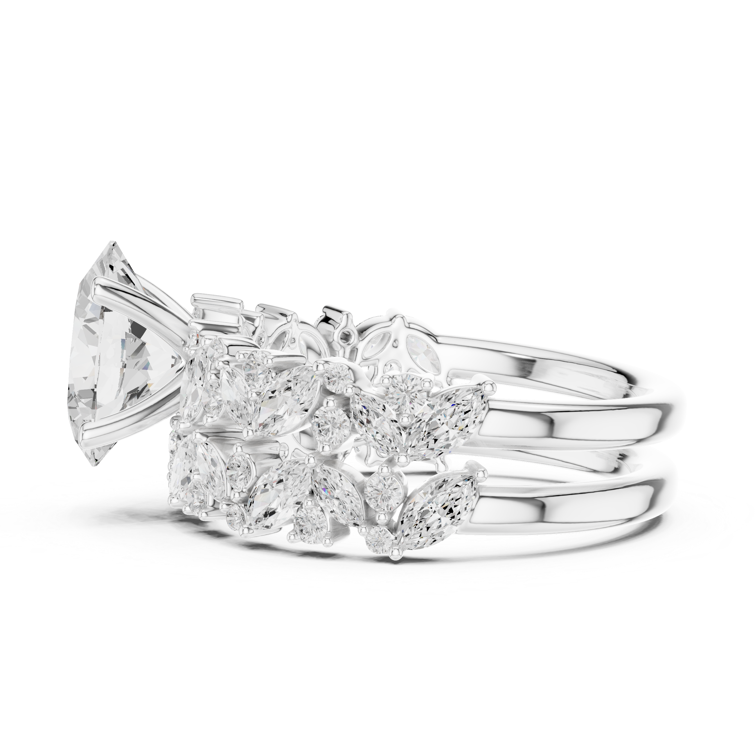 Luxury Oval Cut Floral Diamond Bridal Ring Set with Double Marquise Diamond Bands