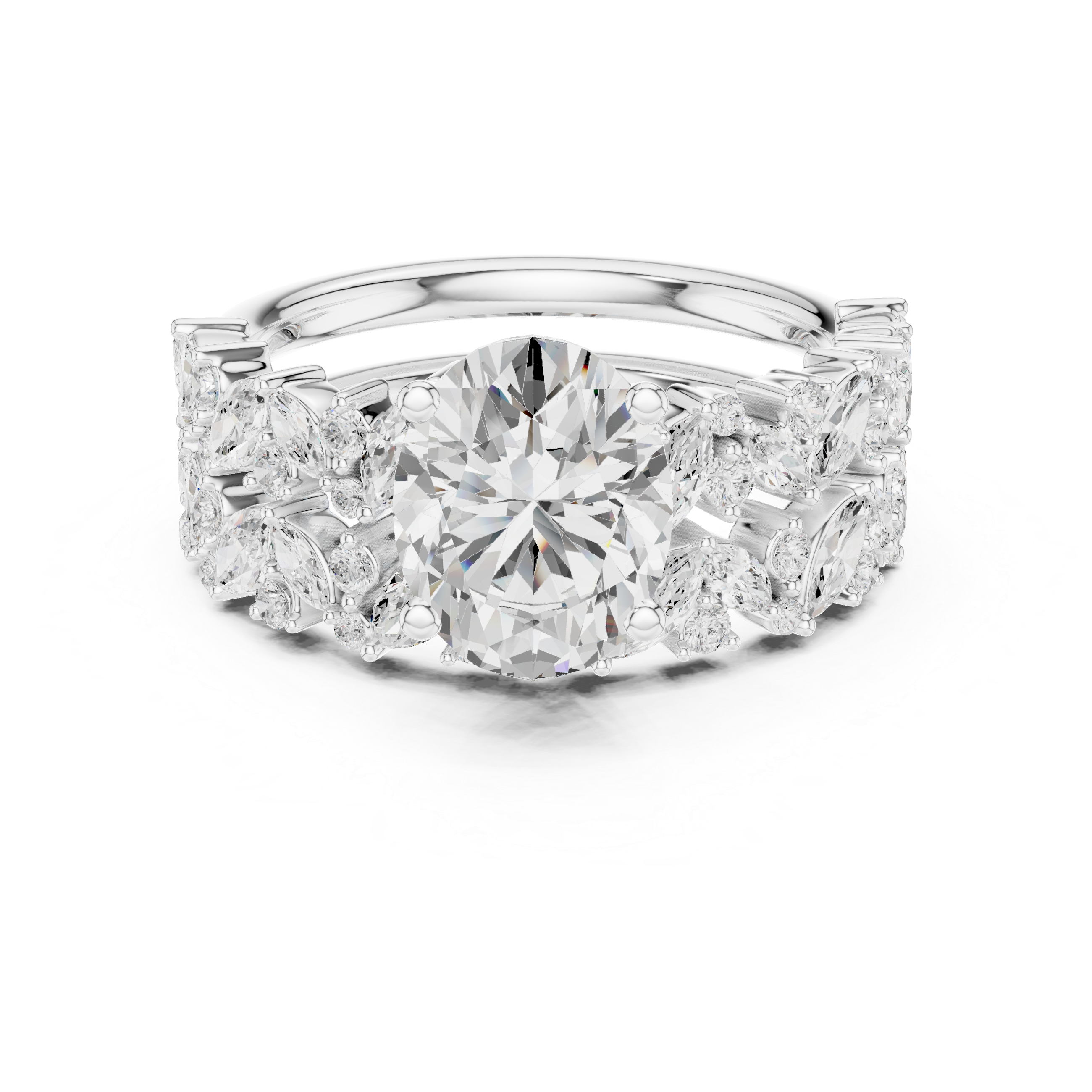 Luxury Oval Cut Floral Diamond Bridal Ring Set with Double Marquise Diamond Bands