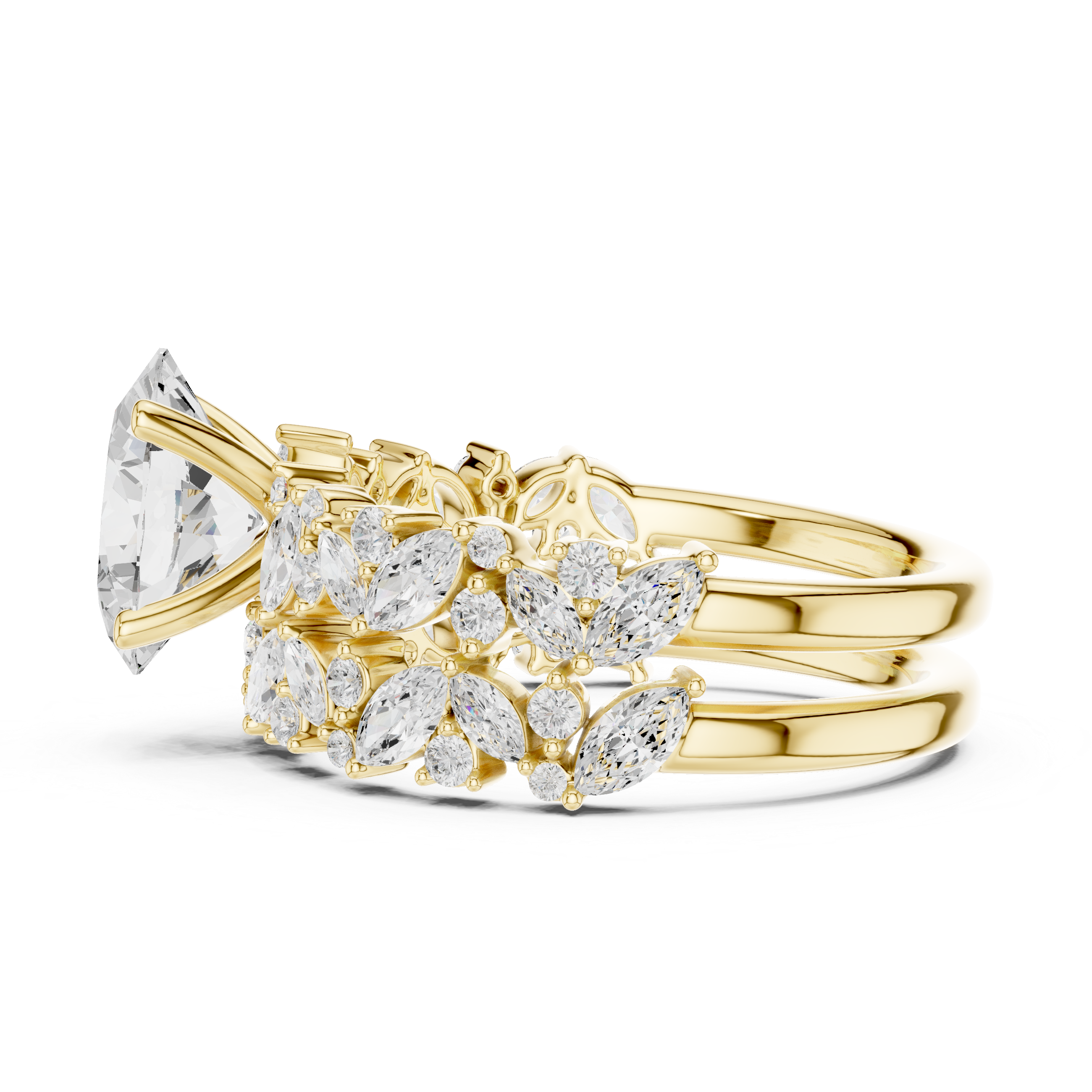Luxury Oval Cut Floral Diamond Bridal Ring Set with Double Marquise Diamond Bands
